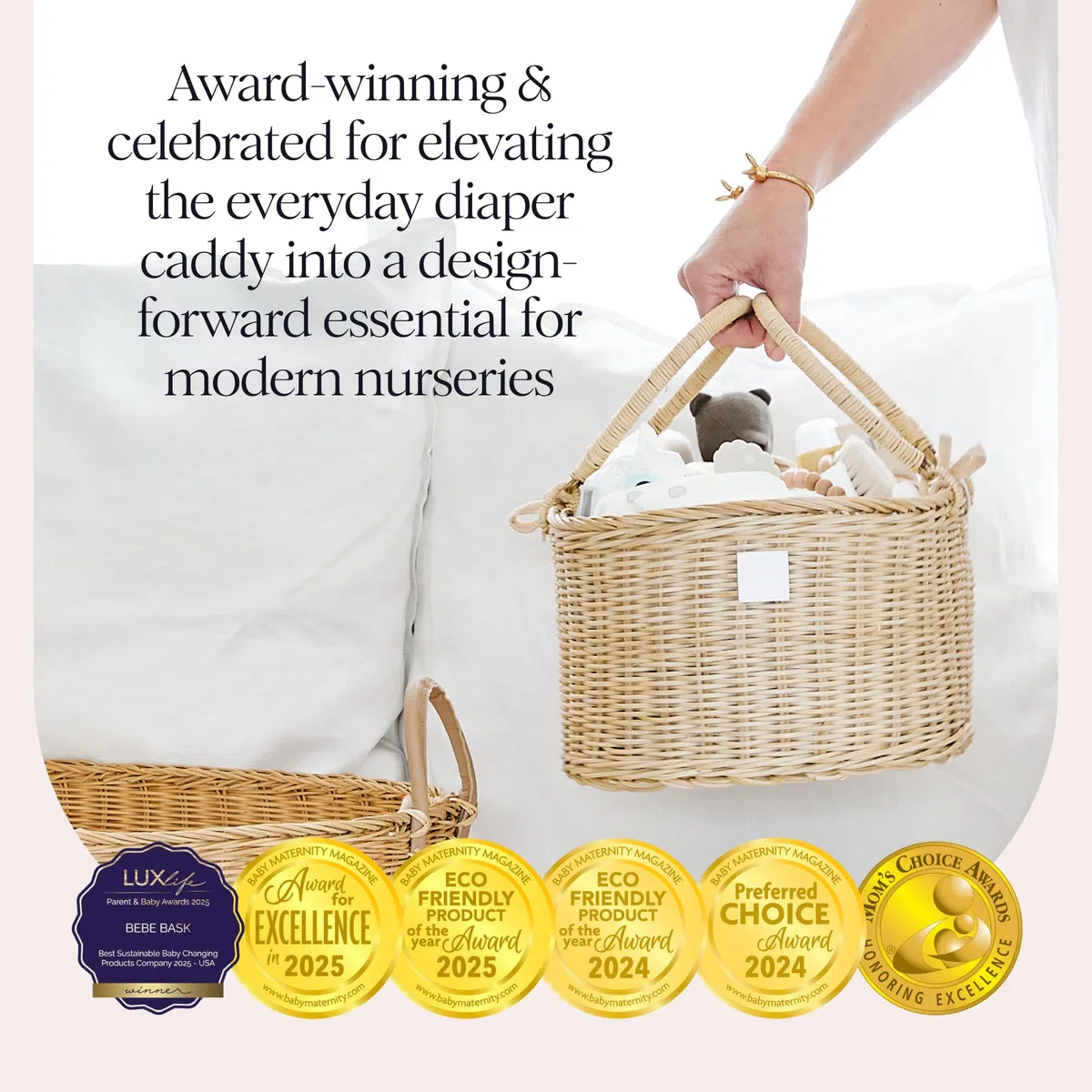 BEBE BASK Baby-Windel-Caddy Organizer – handgefertigter Bio-Rattan-Korb für Mädchen und Jungen – luxuriöse Aufbewahrung für Kinderzimmer