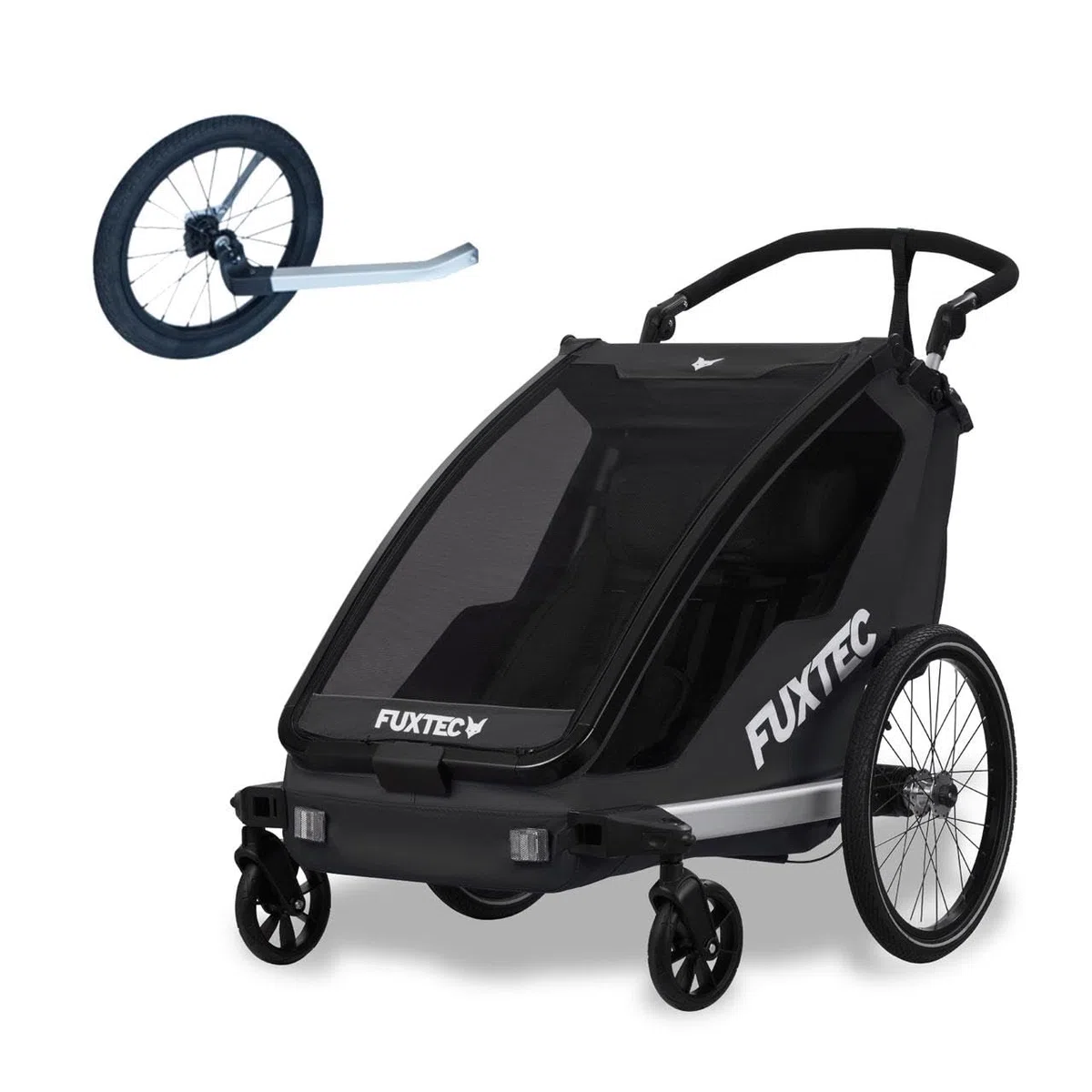 Fuxtec 2in1 Fahrradanhänger Buggy mit Joggerrad FX-FA1-SET mit Anhänger für 2 Kinder aus Aluminium - Faltbarer Kinderanhänger mit Regen- und Sonneschutz