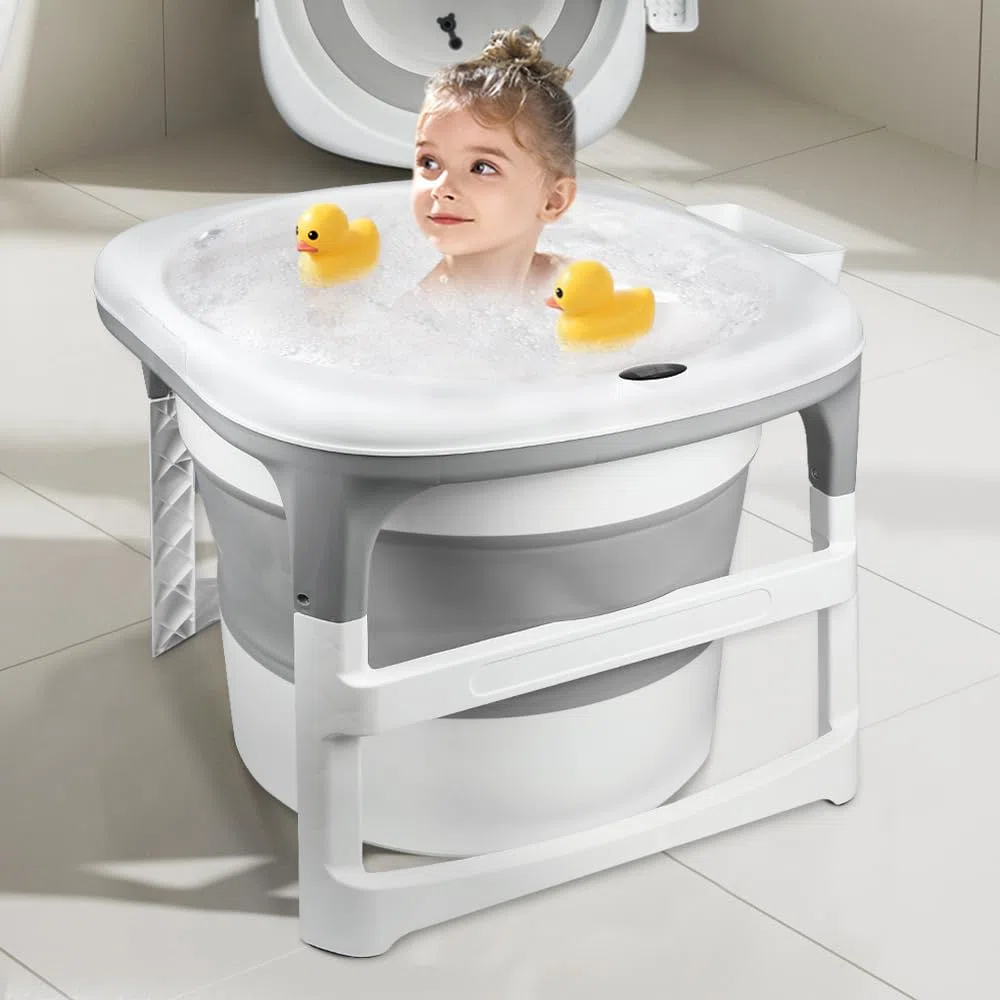 Große faltbare Badewanne für Babys bis 18 kg, XXL-Babydusche, rutschfeste Füße, Ablaufstopfen, Kapazität 200 l (grau, rund, 67 x 67 x 61 cm)