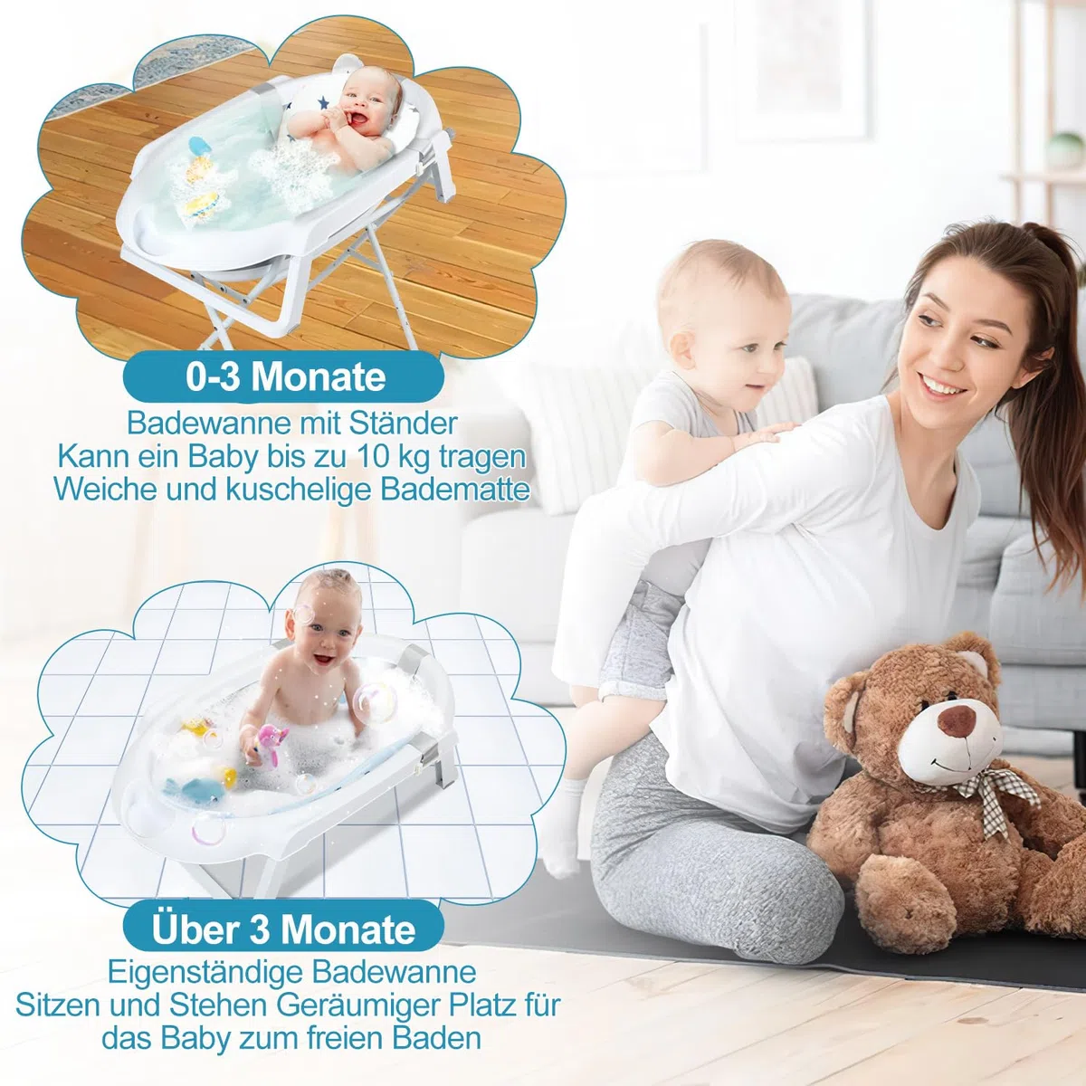 Baby Badewanne mit Gestell faltbare Babywanne Baby Wanne platzsparend, Babybadewanne mit Badekissen, Ablaufschlauch, Temperaturanzeige Wasserstopfen, stabile faltbare Badewanne Grau