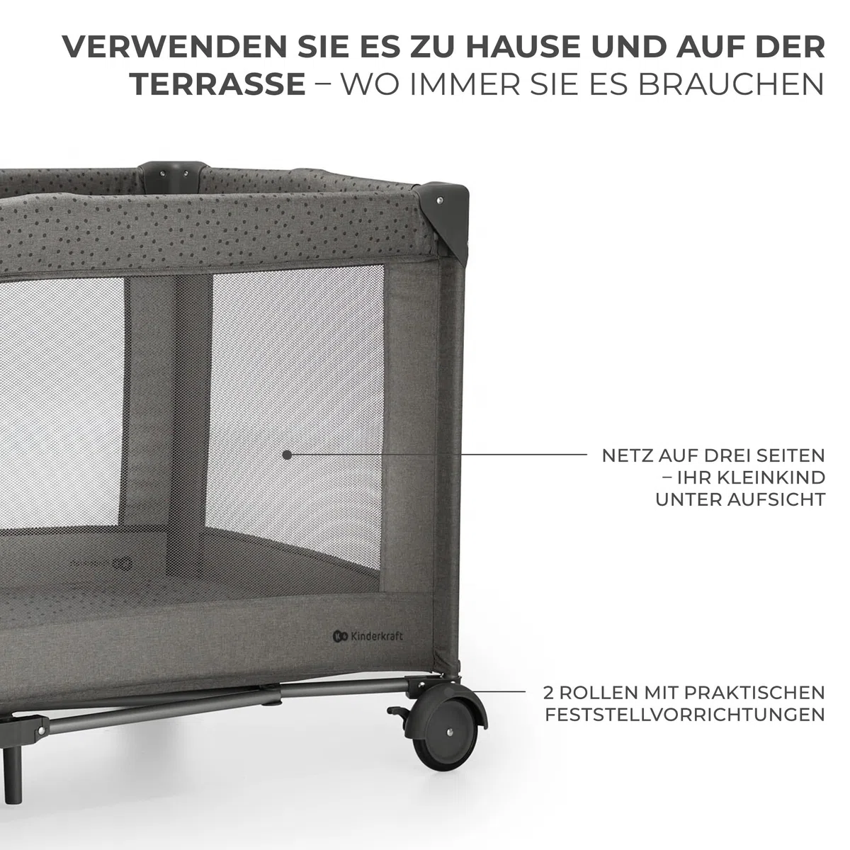 Kinderkraft Joy 2 Kinderbett, 2 in 1 Kinderreisebett, Babybetten, Kinderbett, Reisebett, Modernes Design, Kleine Abmessungen nach Zusammenklappe, Räder, Dunkelgrau