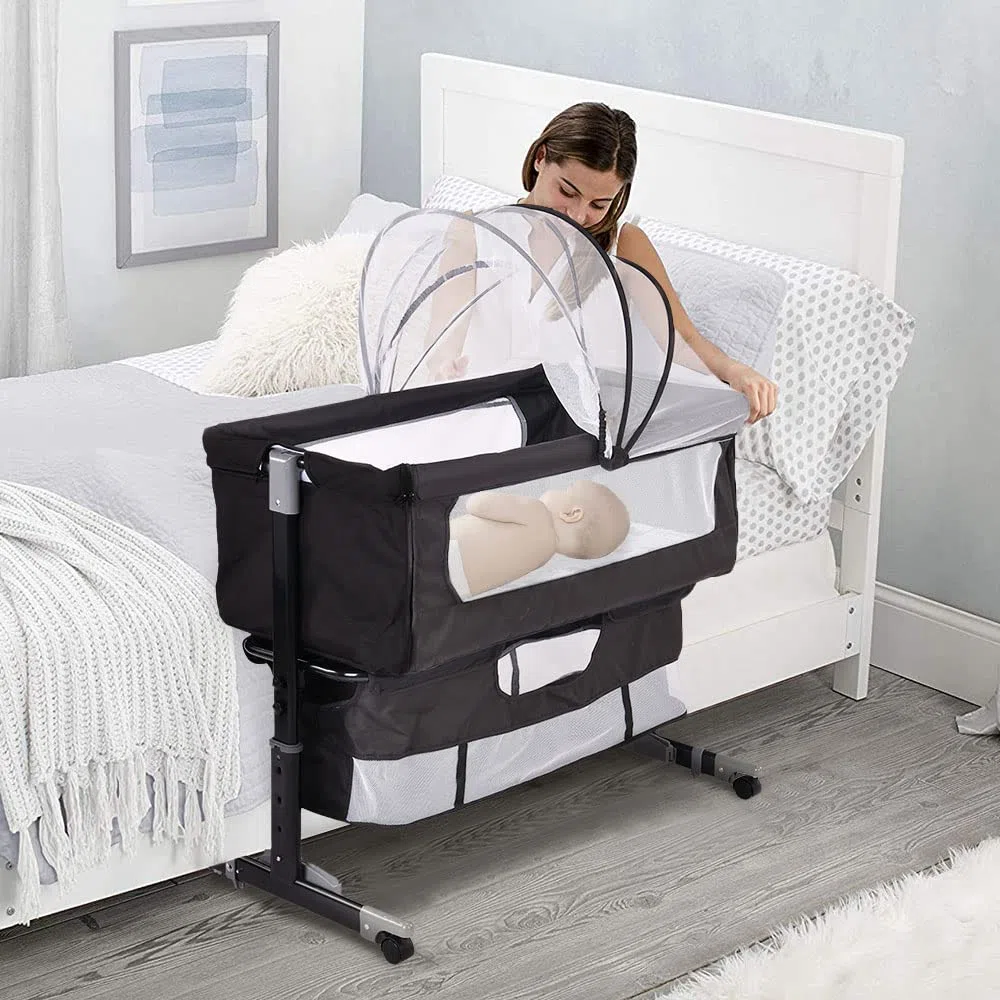 Codododo-Kinderbett mit Matratze und Moskitonetz, 2-in-1, Beistellbett für Babys von 0 bis 36 Monaten, faltbar, 2-in-1, Babywiege, Mobile Beistellbett (92 x 58 x 70-87 cm, schwarz)