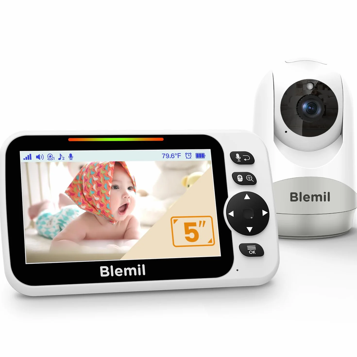 Blemil Babyphone mit Kamera und Audio 30 Stunden wiederaufladbare Batterie, 5" großer Bildschirm, ferngesteuerte Schwenk-/Neige-/Zoom-Kamera, Zwei-Wege-Gespräch, Nachtsicht, kein WiFi