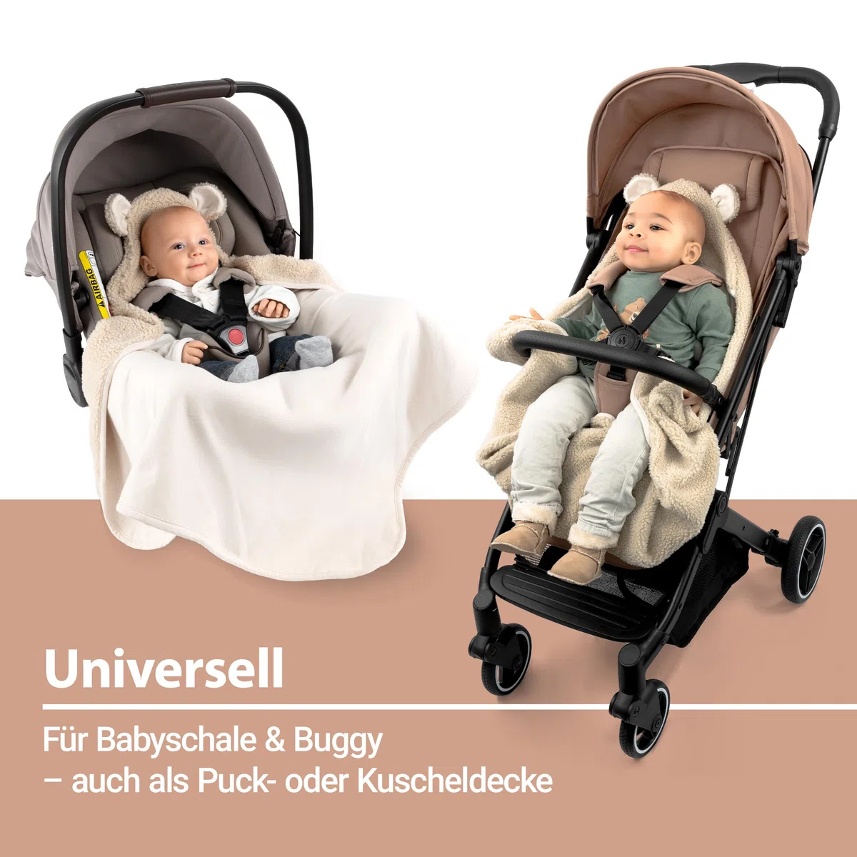 Zamboo Baby Einschlagdecke Fluffy Fleece 80x80 cm Oeko-TEX Zertifiziert mit Öhrchen & Gurtschlitzen Beige
