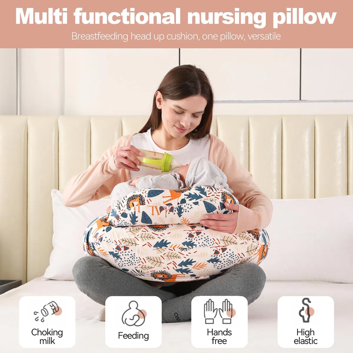 Stillkissen, Schwangerschaftskissen, Multifunktionales Motherhood Stillkissen mit Verstellbarem Hüftgurt und Sicherheitszaun, 100% Baumwollbezug (Löwe)