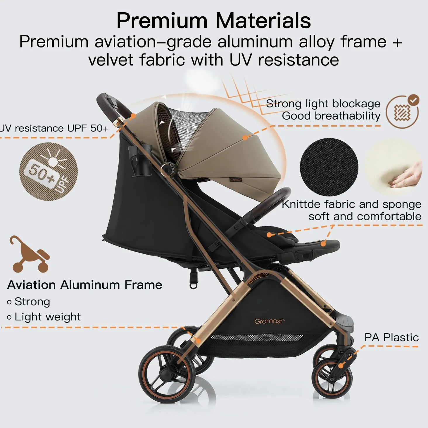 Gromast Gravity Faltbarer Kinderwagen, Tragbarer Reise-Kleinkindbuggy Mit Verstellbarer Rückenlehne & Sonnendach, Leichtgewichtig Und Uv-Geschützt, Einhändig Automatisch Zusammenklappbar, Golden