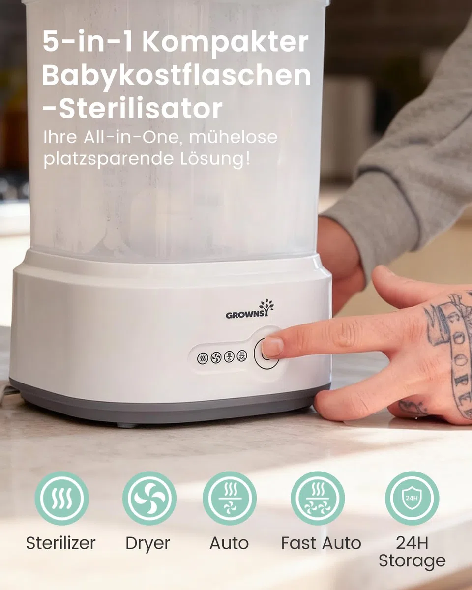 Grownsy Sterilisator für Babyflaschen mit Trocknerfunktion, 5 Flaschen | Schnellsterilisation in 8 Min., kompakter 5-in-1-Dampfsterilisator für Sauger, Schnuller und Milchpumpenzubehör