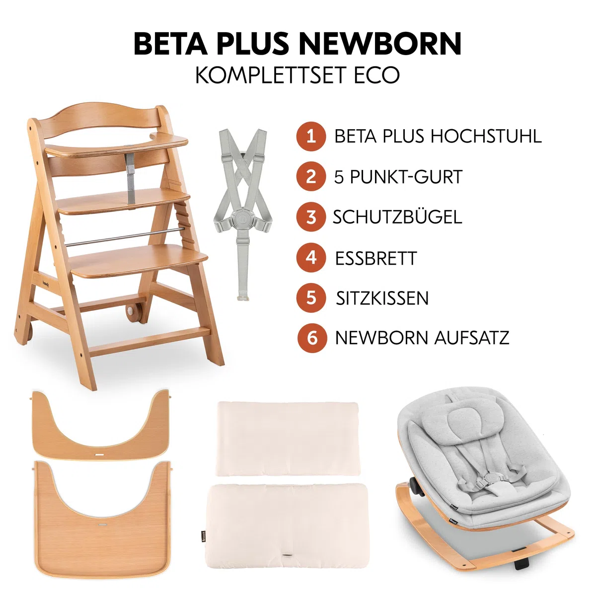 Hauck Beta+ Hochstuhl Newborn Set mit Eco Bouncer Natural - Mitwachsender Holz Kinderhochstuhl mit Rollen ab Geburt bis 90 kg inkl. Neugeborenenaufsatz, Essbrett & Sitzkissen