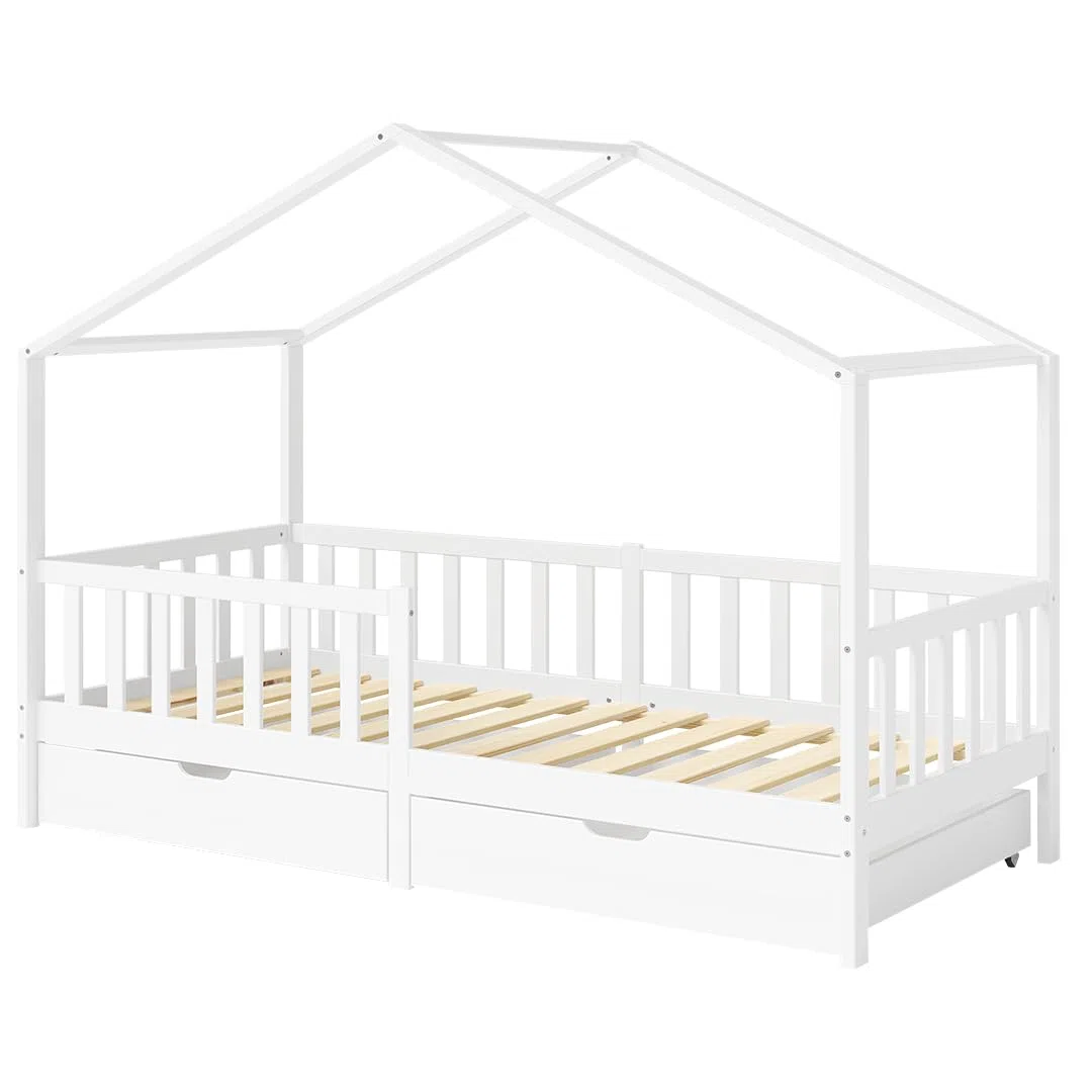 Bellabino Bia Kinderbett 90x200 cm Hausbett mit Rausfallschutz Lattenrost 2 Schubladen Montessori Bett Massivholz Kiefer Weiß