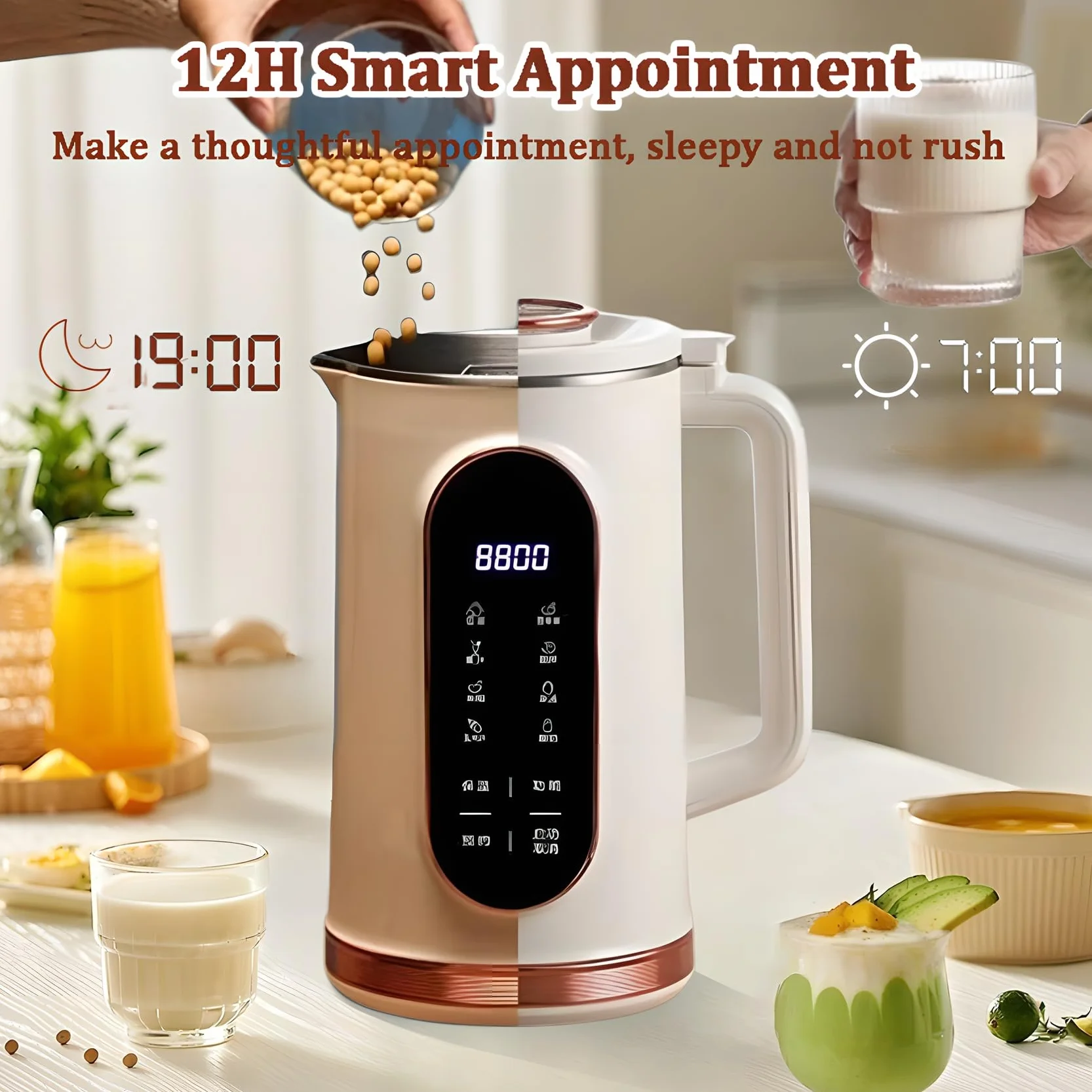Nussmilchbereiter mit 10-Blatt-Klingen, 12-Stunden-Timer, Warmhalten, Edelstahl-Liner, Smart-Display für Sojabohnen, Mandel, vegane Milch