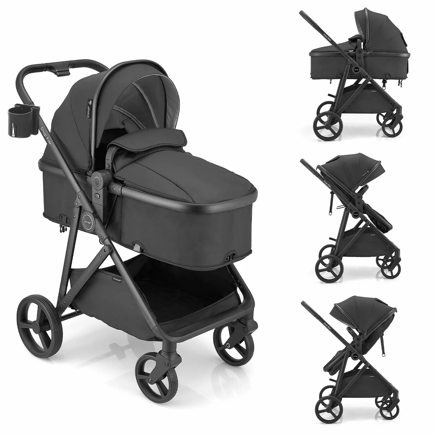 Gromast 3-in-1-Kinderwagen, wandelbarer Kinderwagen für Neugeborene, Säuglinge und Kleinkinder mit umkehrbarem Sitz, Sonnendach mit Lichtschutzfaktor 50+ und Getränkehalter – Schwarz