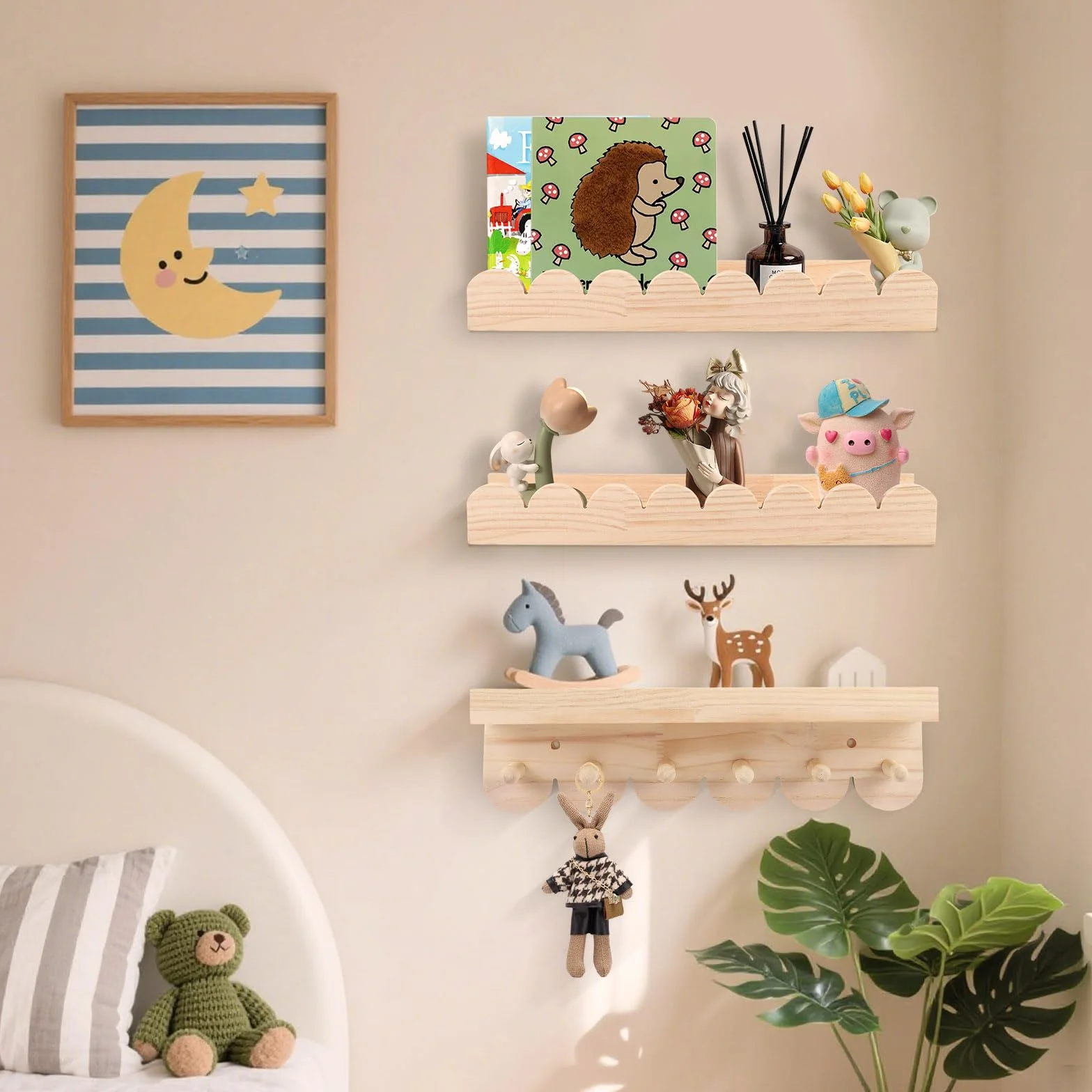 3er Set Bücherregal Kinder Wand, Wandregal Kinderzimmer 40cm, Holz Wandregal Bücher Schweberegale mit Holzhaken für Spielzimmer Schlafzimmer Wohnzimmer,Montessori Regal