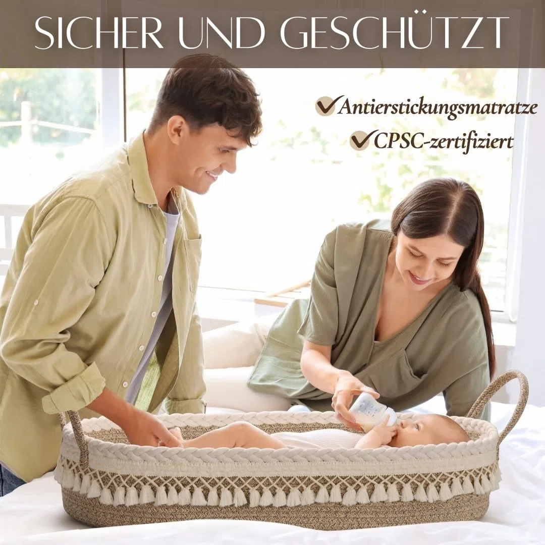 SEBRAM Wickelkorb Baby – Handgefertigte Wickelauflage mit Liebe, Wasserdichte Matratze und Tragetasche | Sicher & Schön fürs Babyzimmer – Farbe: Beige