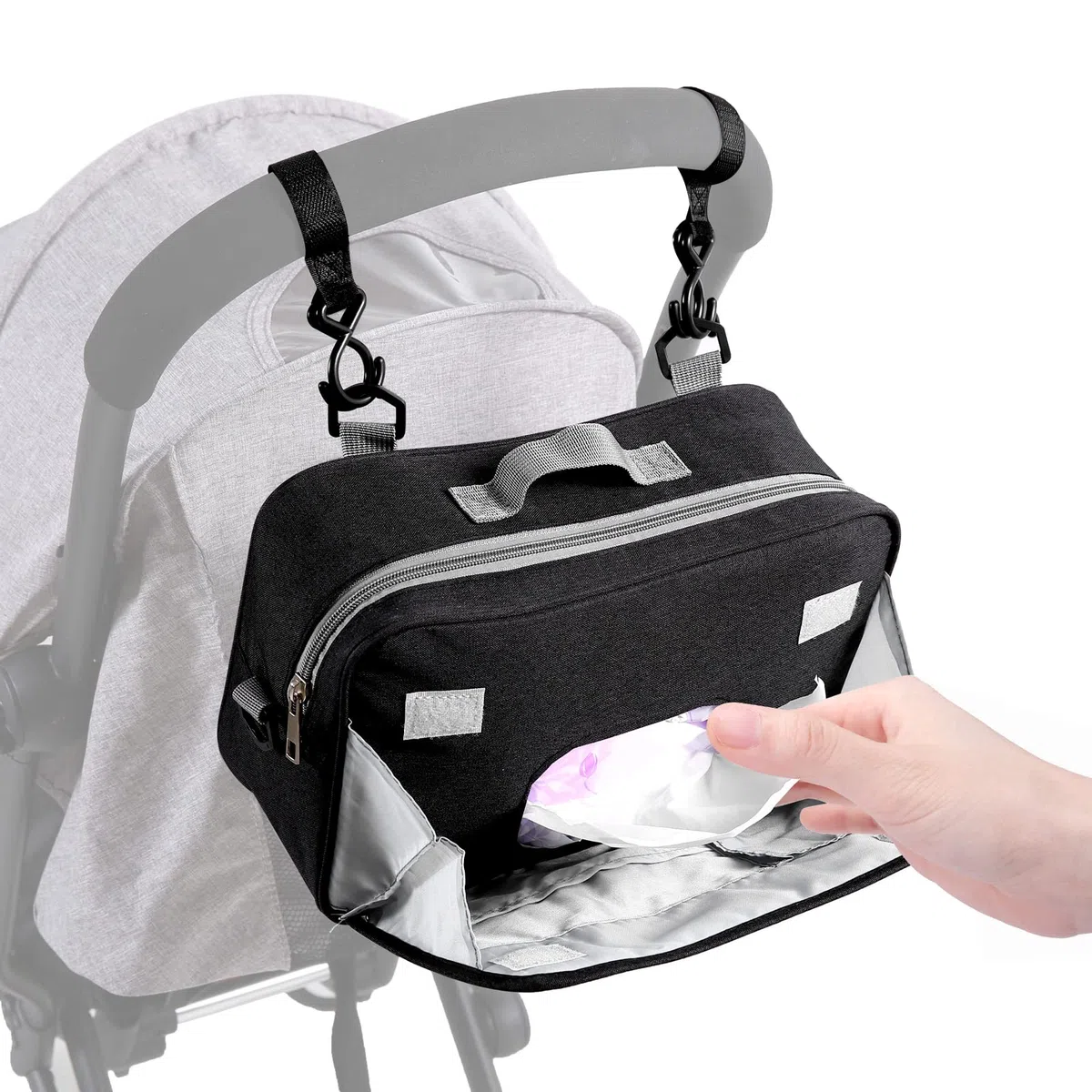TRENDPLAY Kleine Wickeltasche, Mini-Kinderwagen-Organizer, Caddy mit Reinigungstaschen, Caddy Parent Console mit Kinderwagengurten, passend für alle Kinderwagen, schwarz
