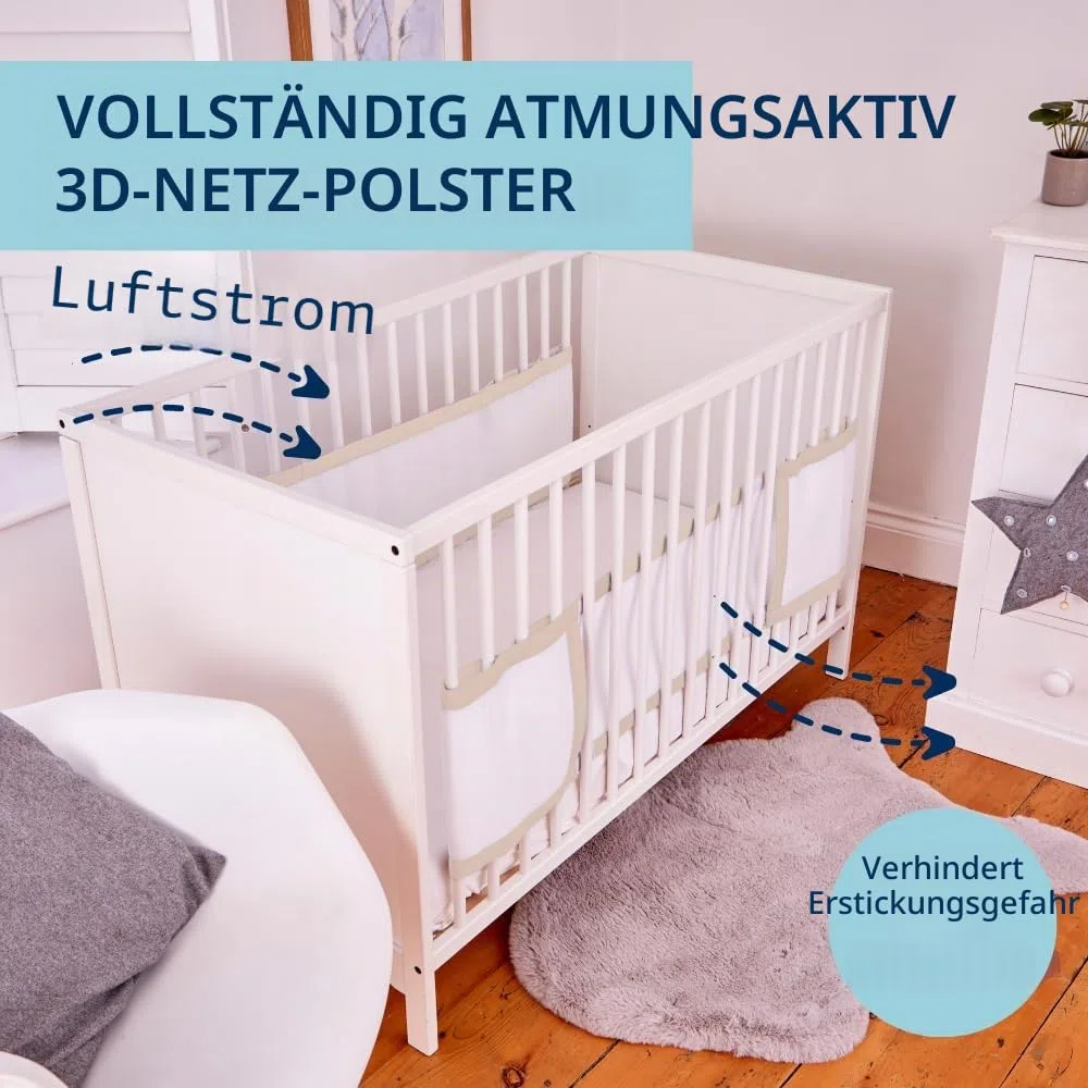 PurFlo Atmungsaktive Bettumrandung, sichere Alternative zu traditionellen Babybetten, maschinenwaschbares Netzgewebe und einfach zu installierende Klettbefestigungen, passend für Kinderbetten bis 140
