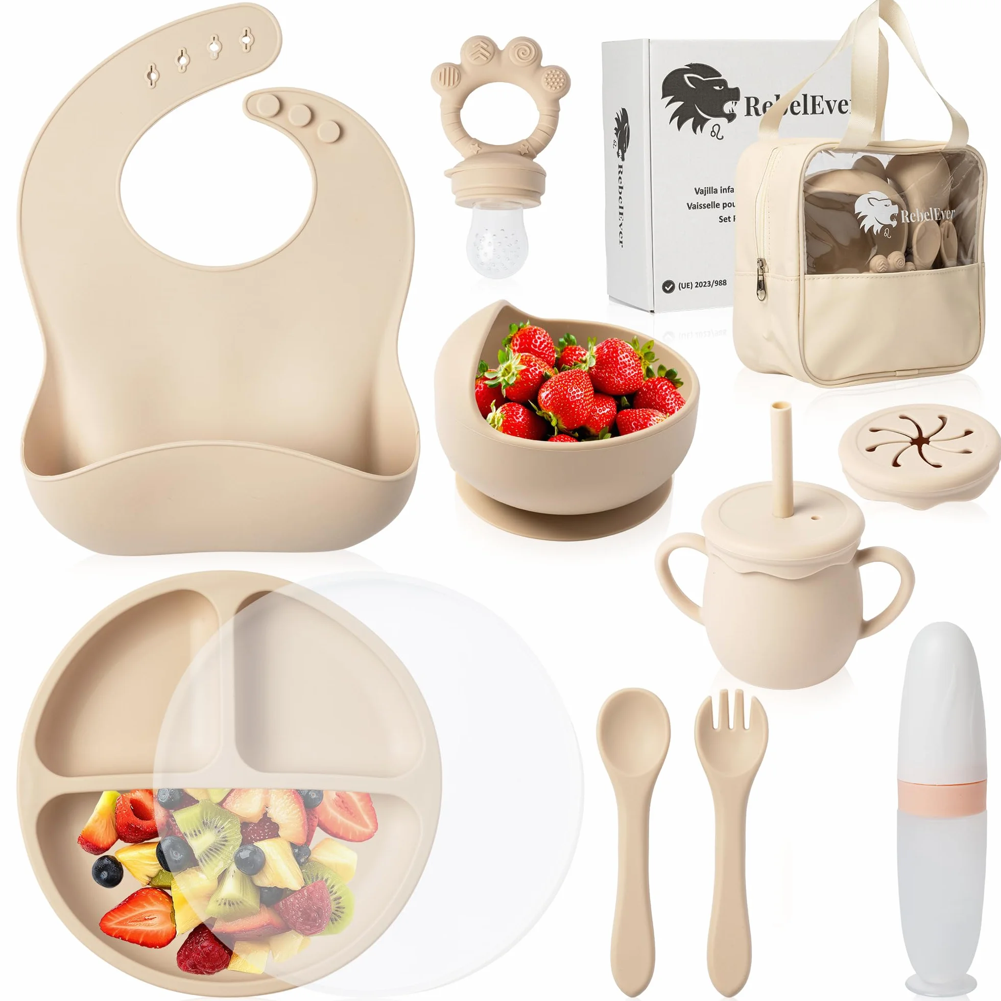 Kindergeschirr set aus Silikon mit Transport oder Aufbewahrungstasche - Kinderbesteck ab 1 jahr - Beikost baby zubehör - Fruchtsauger Baby - Esslernlöffel Baby mit Squeeze Flasche