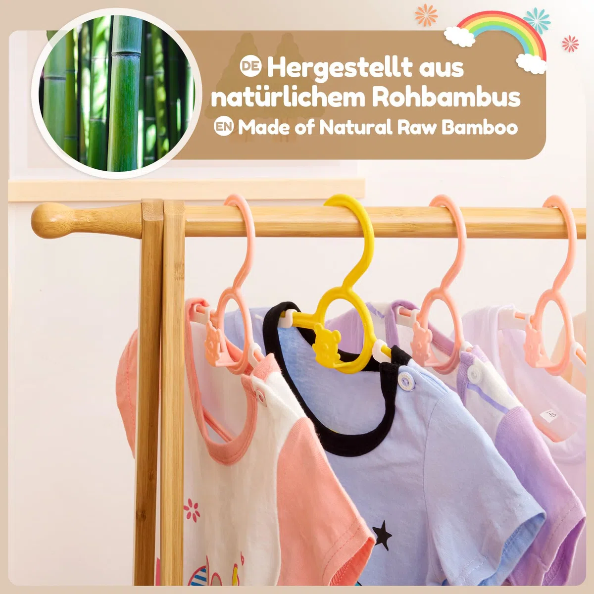 Yorbay Kinder Kleiderständer Bambus Garderobenständer mit Aufbewahrungskiste, Kindergarderobe mit Kleiderstange, für Baby- & Kleinkinderzimmer, Mädchen & Jungs (Natur)