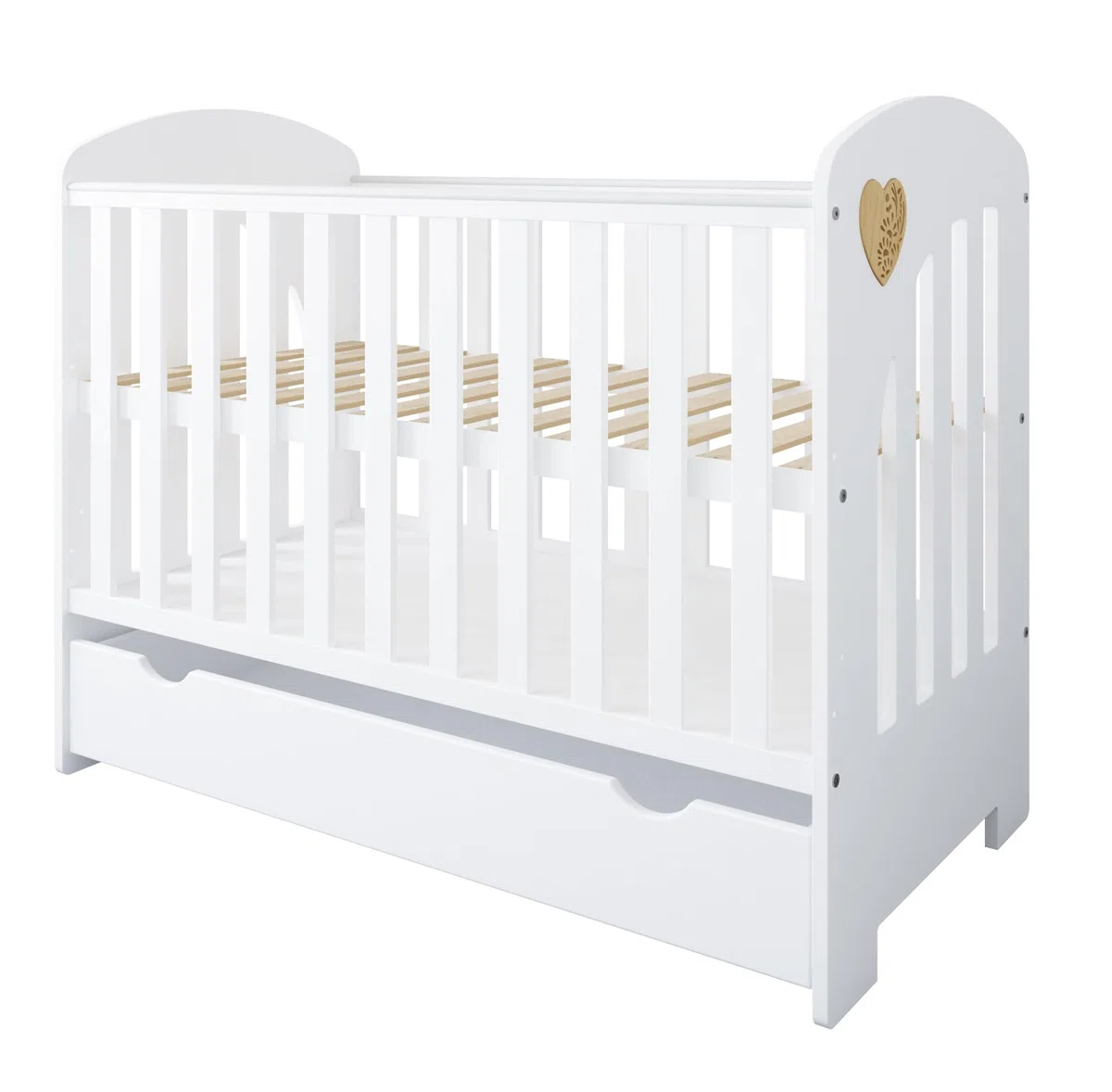 Heart Babyzimmer Set Weiß 2in1 Babybett 120x60 mit Schublade Umbaubar zum Juniorbett + Wickelkommode mit Wickelaufsatz Skandinavisches Design Herz Natur