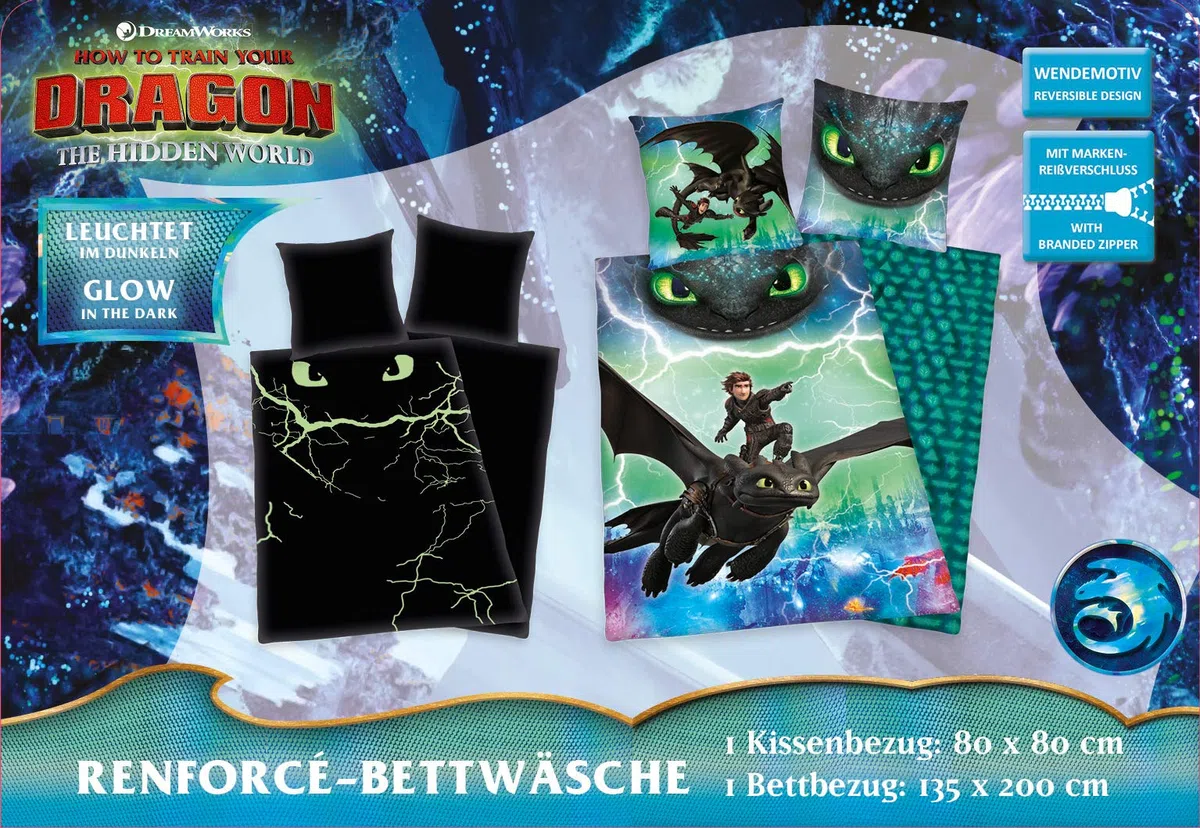 Herding DREAMWORKS DRAGONS Bettwäsche-Set, Wendemotiv, Bettbezug 135 x 200 cm, Kopfkissenbezug 80 x 80 cm, Baumwolle/Renforcé