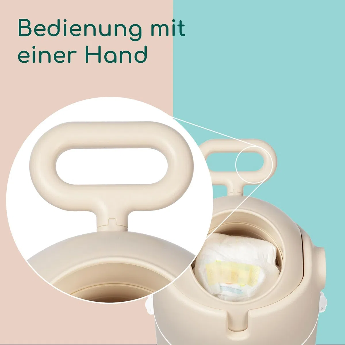 Bebeconfort geruchsdichter Windeleimer Größe M, Windeleimer, Deckel geruchsdicht, für alle Müllbeutel, für bis zu 20 Windeln, Bedienung mit einer Hand, praktische Größe, leicht zu reinigen, Sand