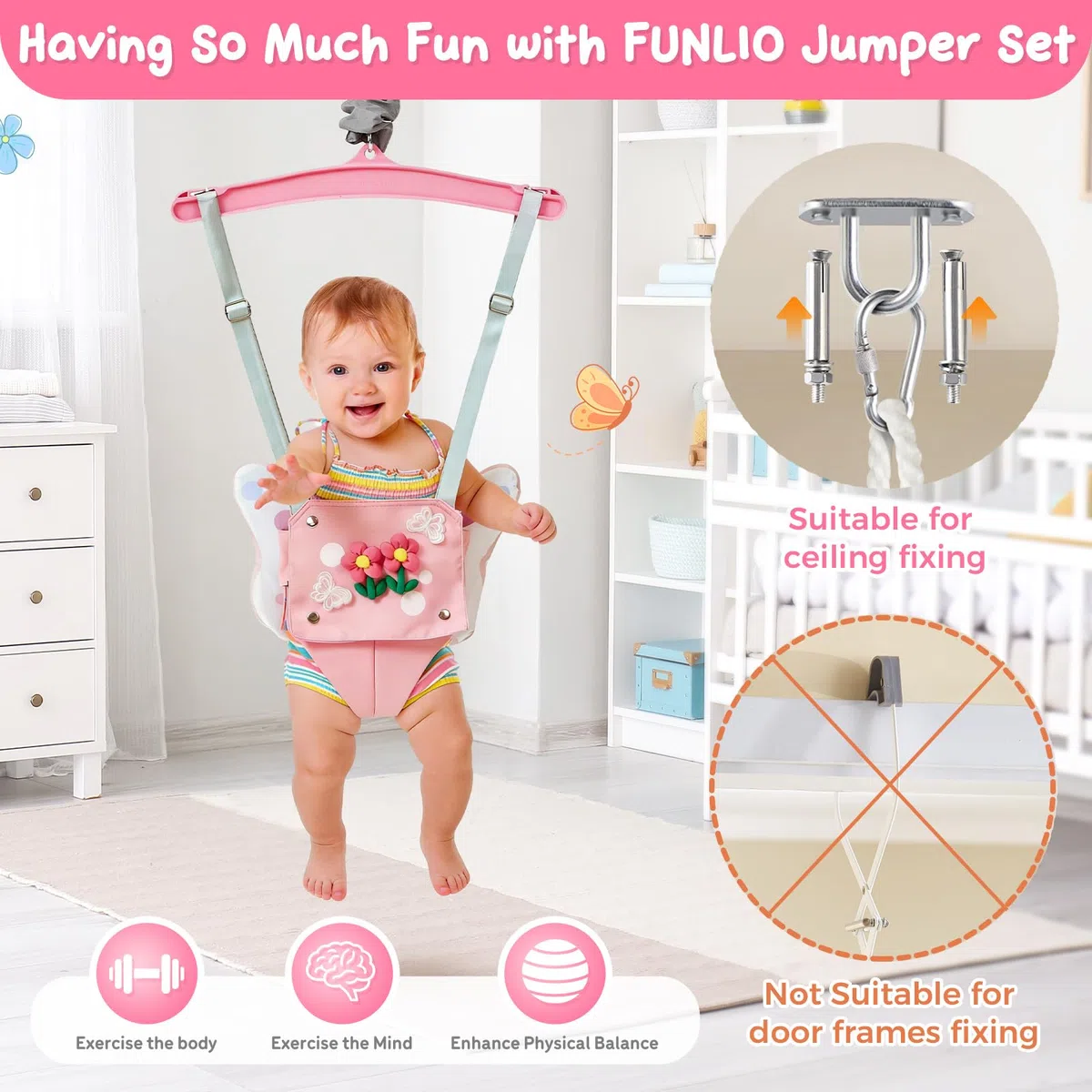 FUNLIO Baby Jumper mit Deckenhaken für 6–24 Monate, Türhopser für Babys für drinnen und draußen, Baby Jumper mit verstellbarer Kette, leicht zu montieren und zu verstauen – Rosa Schmetterling