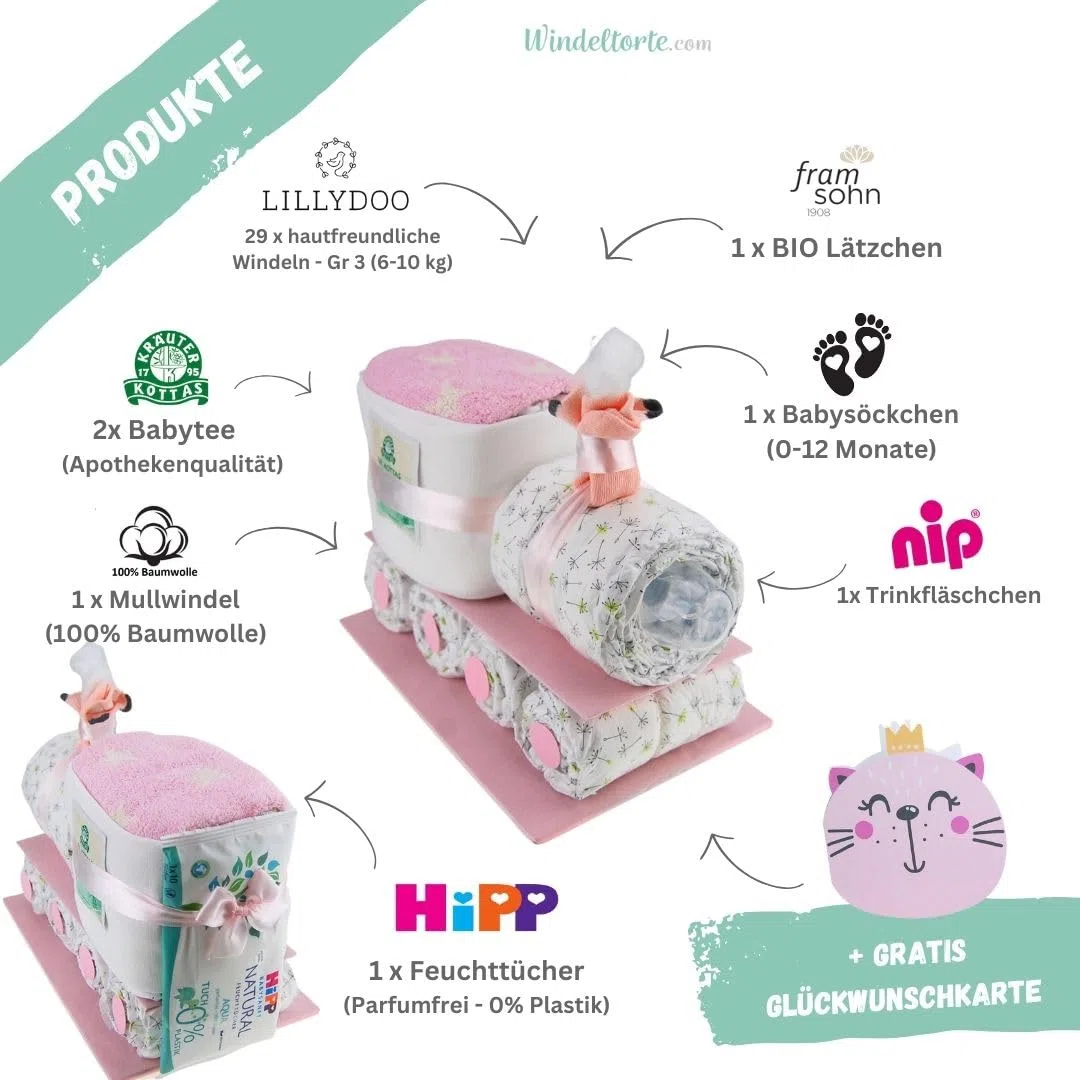 com – Windelzug für Mädchen in Rosa inkl. 29 LILLYDOO Windeln | Geschenk zur Geburt | Taufgeschenk | Geschenk zur Babyparty – Handgefertigte Windeltorte