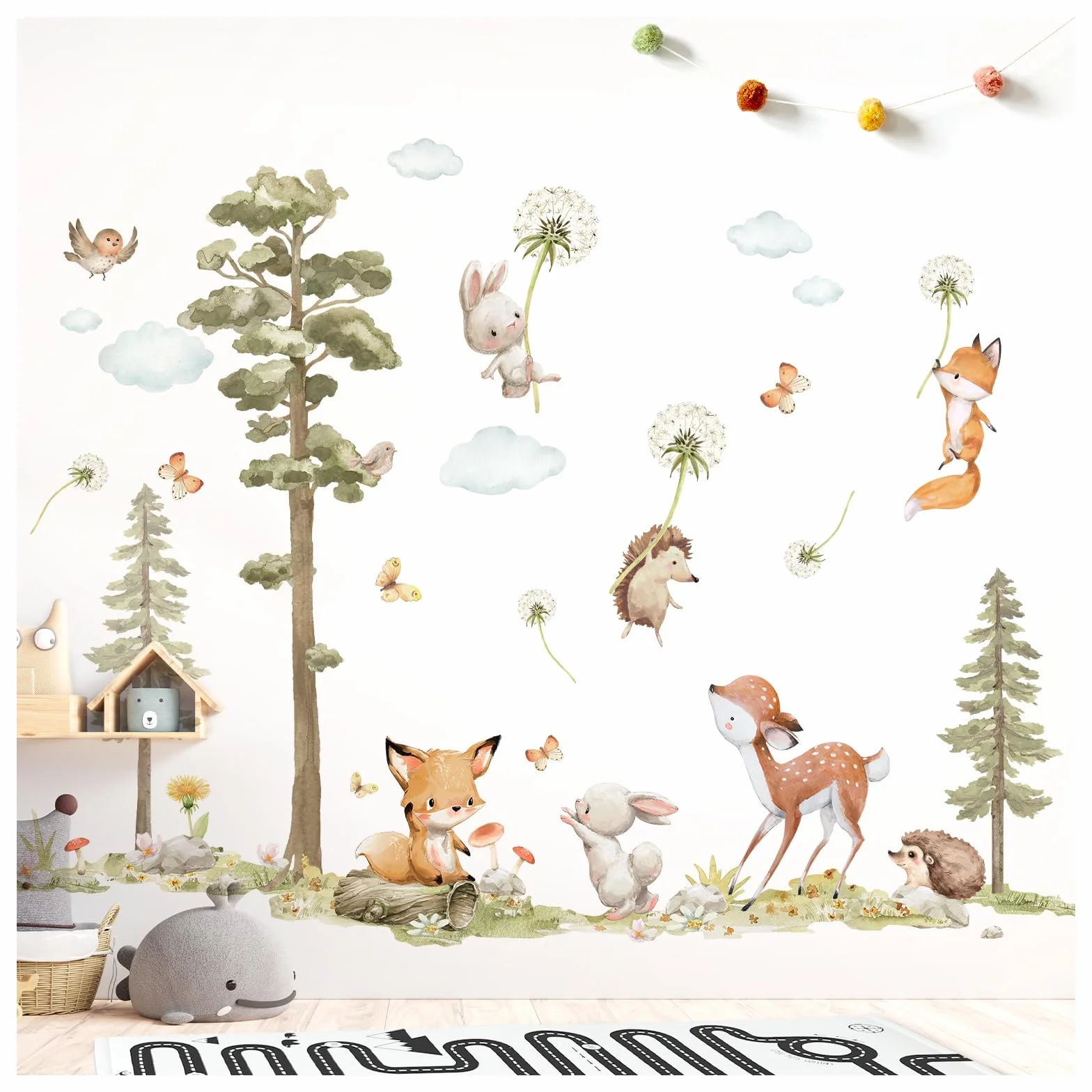 Wandtattoo Waldtiere Baum Wandsticker Fuchs Hase REH Wandaufkleber Babyzimmer Pusteblume Kinderzimmer Wanddeko DK1137-04