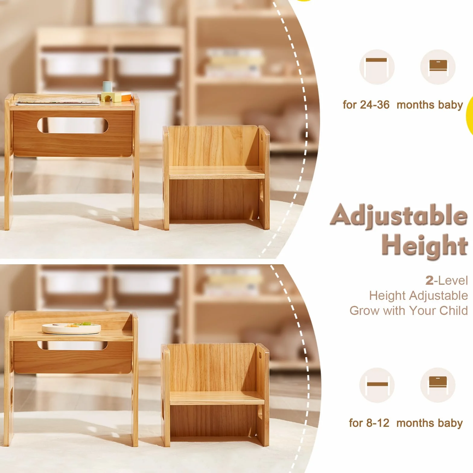 FUNLIO Höhenverstellbarer Montessori Tisch und Stuhl für Kinder 1-3 Jahre, Massivholz, Entwöhnung Baby Tisch für Essen/Spielen/Lesen, einfach zu montieren - Natur