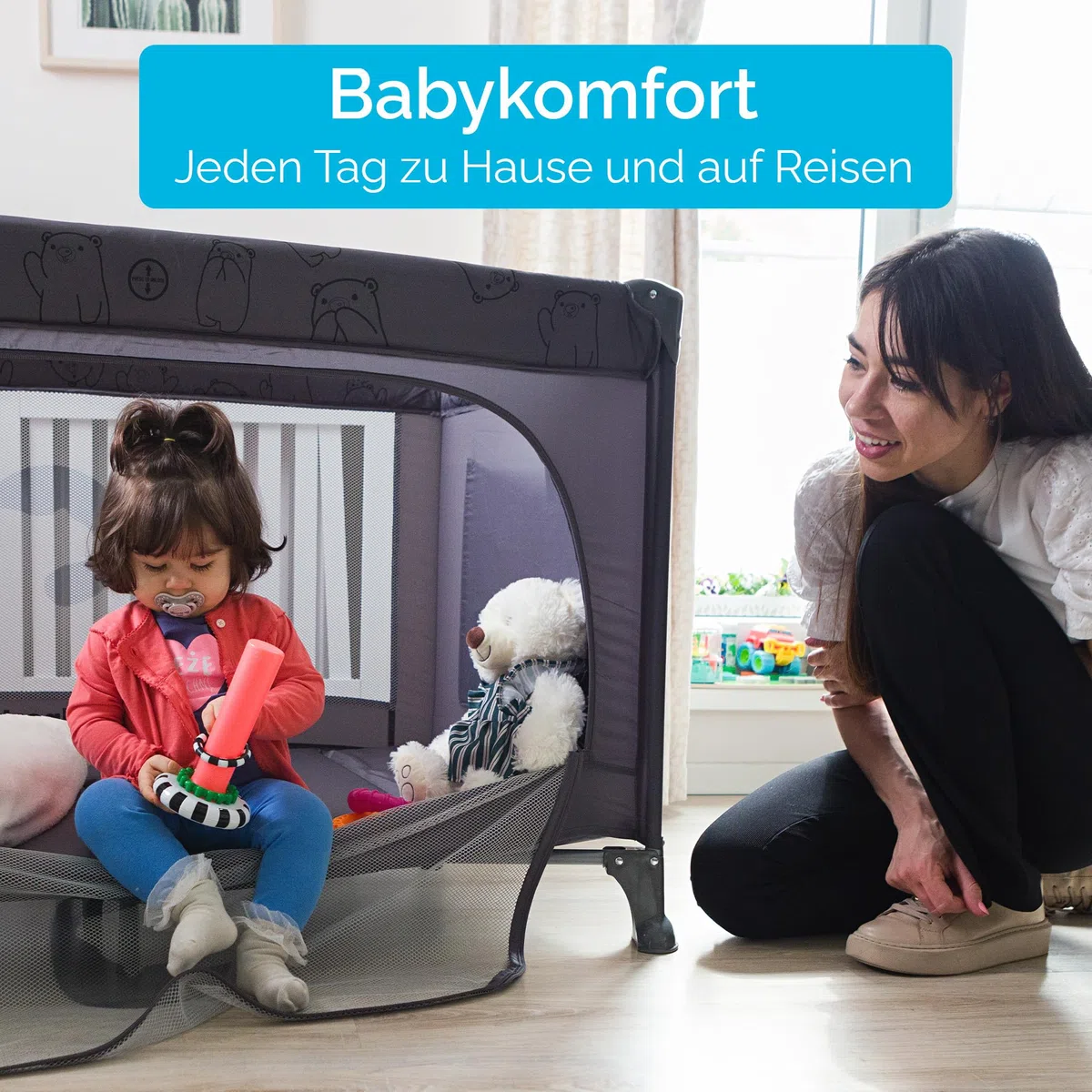 Grotta Reisebett Baby mit Matratze klappbares Babybett Kinderreisebett mit Seiteneinstieg Netzseiten 2 Rollen mit Bremse Tragetasche für Reise und Zuhause Dunkelgrau