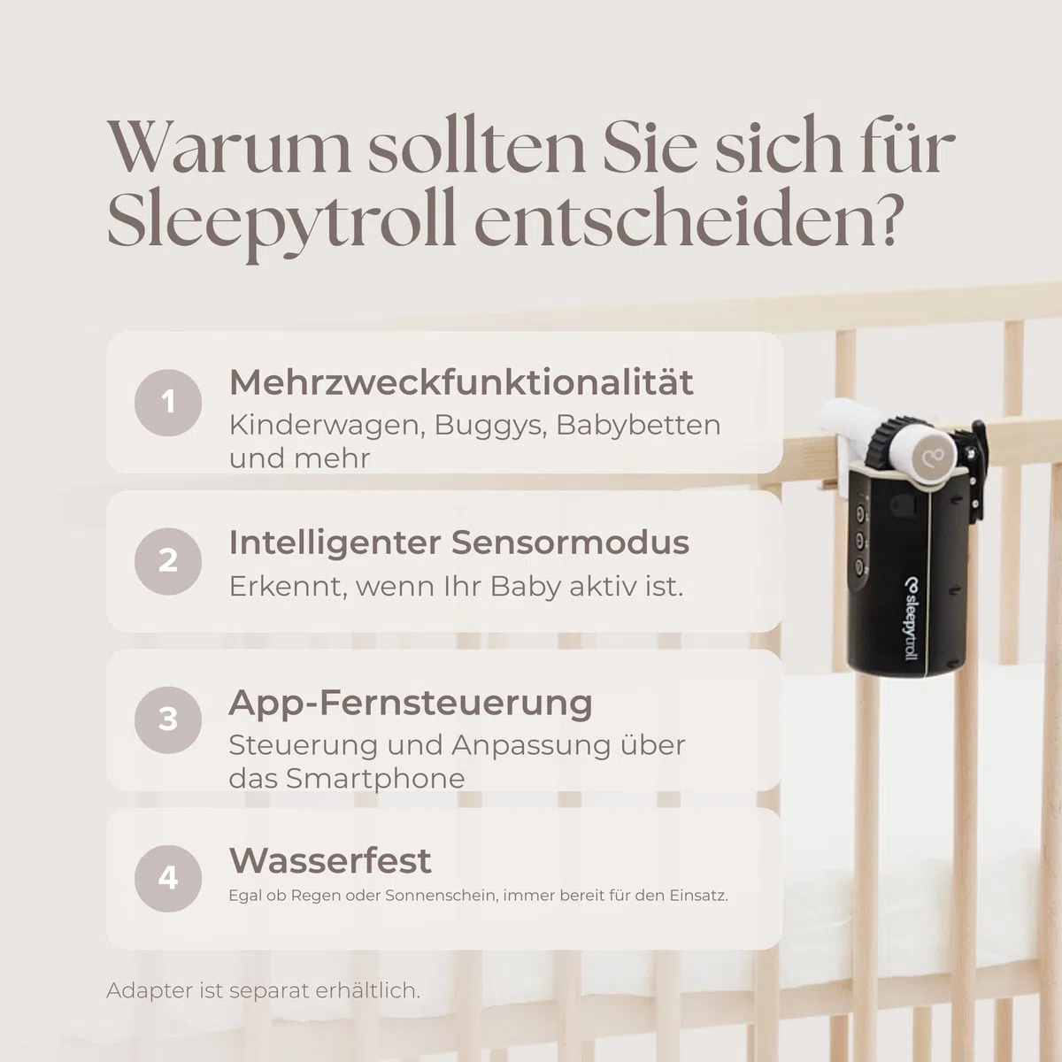 Sleepytroll Baby Rocker Gen 2 – Intelligente Einschlafhilfe mit App-Steuerung, 12h Akku, 3h automatisches Schaukeln, Bewegungs- und Soundsensor, CE/FCC-zertifiziert, IPX4, skandinavisches Design