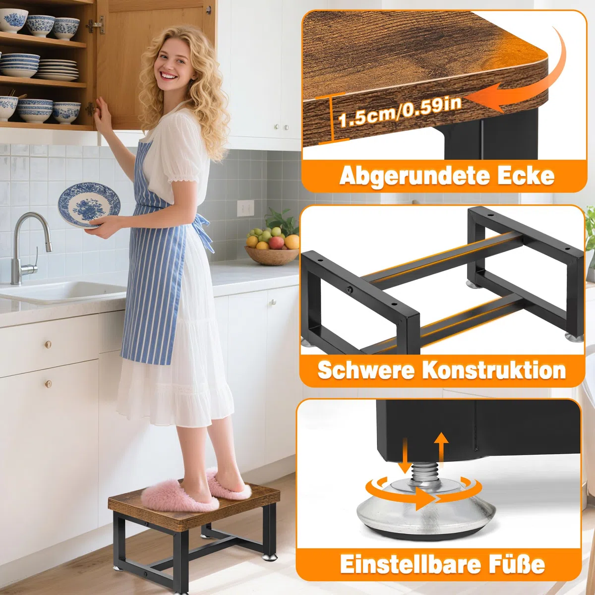 Tritthocker Kinder Stufen, Verdickter Unterbalken, Holz Fußhocker | Bis zu 300 Lbs Belastbarkeit, Für Küche, Bad, Kinderzimmer, Stabile Konstruktion,Metallrahmen,1L