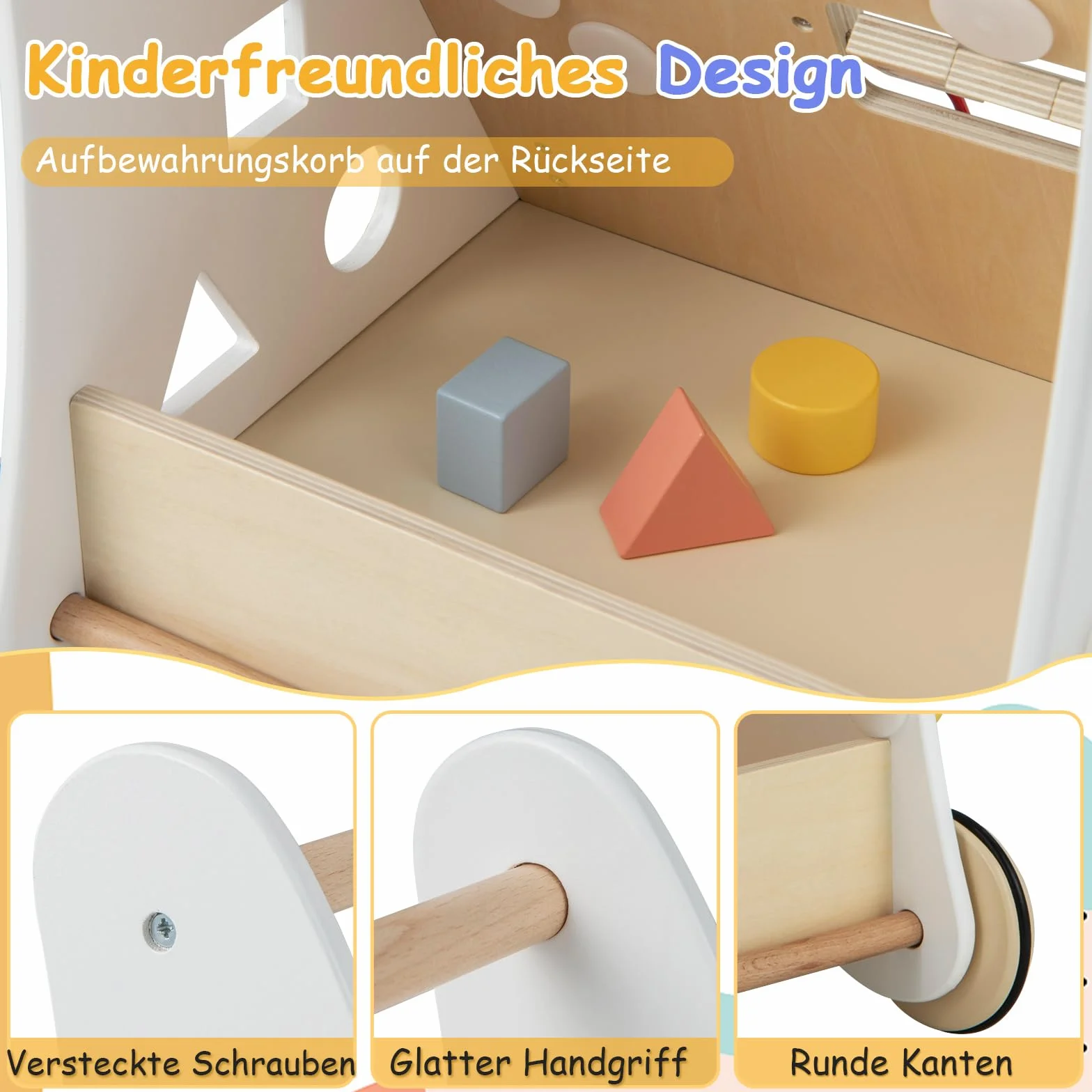 COSTWAY Lauflernhilfe aus Holz, 7 in 1 Lauflernwagen mit Spielbrett, Spiegel & Bauklötzen, Laufwagen zum Schieben mit Aufbewahrungsbox, Laufhilfe Baby ab 1 Jahr (Weiß + Natur)