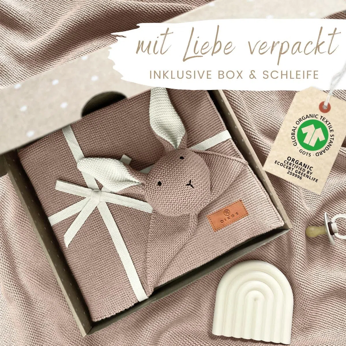 DIKOS Original 2-in-1 Babydecke & Kuscheltuch SCHMUSE-Hase – Weiche Kuscheldecke für Baby Mädchen & Jungen aus Bio-Baumwolle (Oeko Tex) – Weiche Baby-Decke als Geschenk zur Geburt – Warmes Taupe