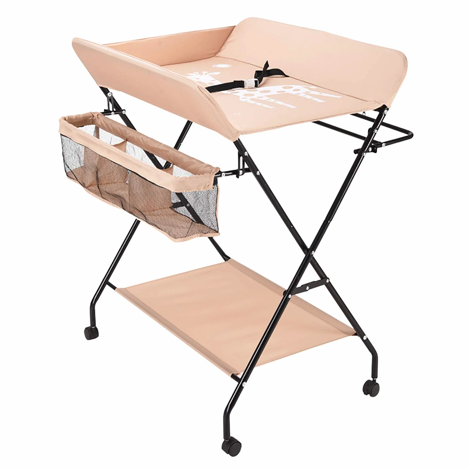 Klappbar Wickelunterlage und Tragbarer, Wickelaufsatz Baby mit Motiv Giraffe, Höhenverstellbar, Wickeltisch mit Rollen, Sicherheitsgurt und Ablagefächern Wickelkommode 80 * 63 * 96cm (Khaki)