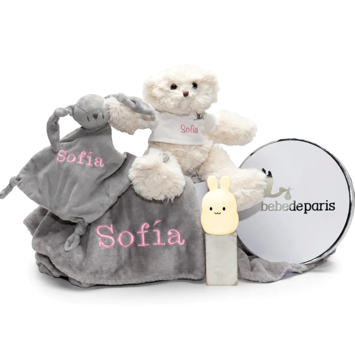 Geschenk für Neugeborene | Farbe: mehrfarbig | personalisierter Doudou und Nachtlicht | handgefertigt in Spanien | luxuriöse Geschenkbox (Lampe + Bär + Doudou + Decke) | BebeDeParis