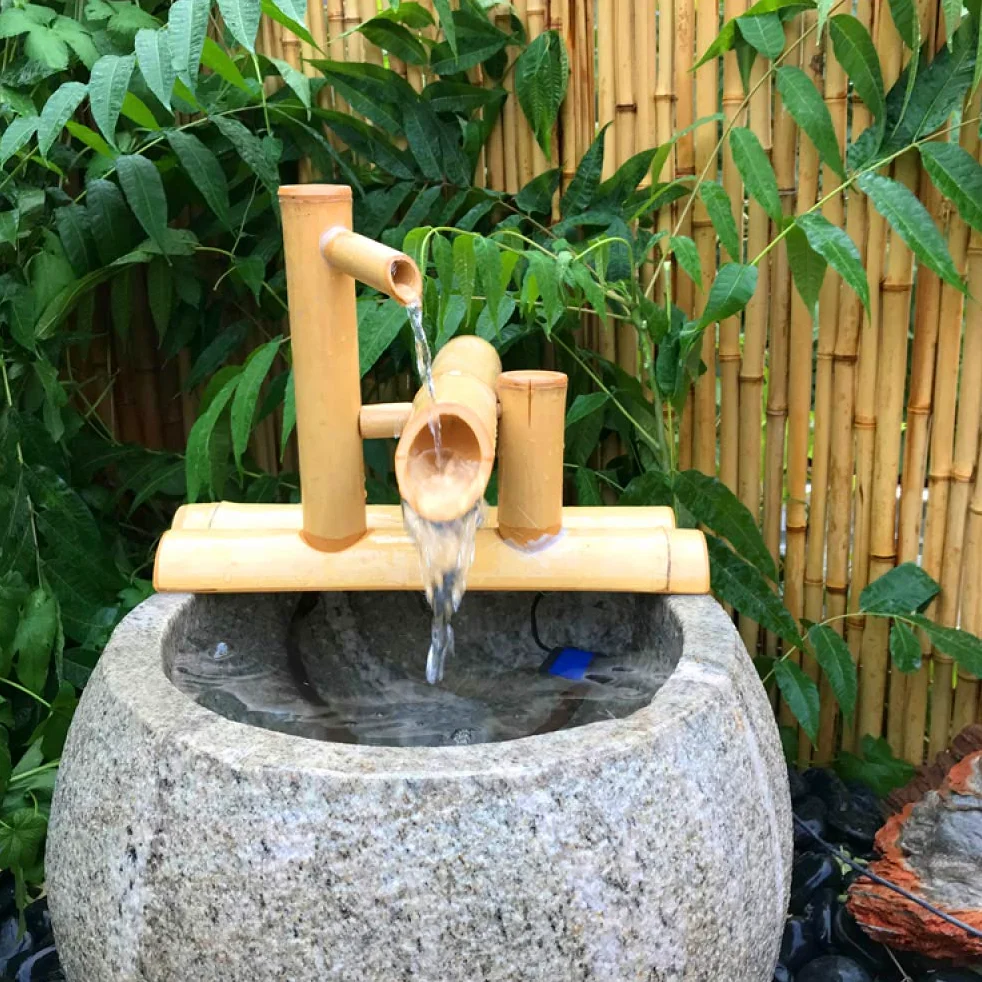 Bambusbrunnen Dekor - Wasserauslauf mit Pumpe für Gartendekoration, Japanische Wasserfall-Funktion im Freien