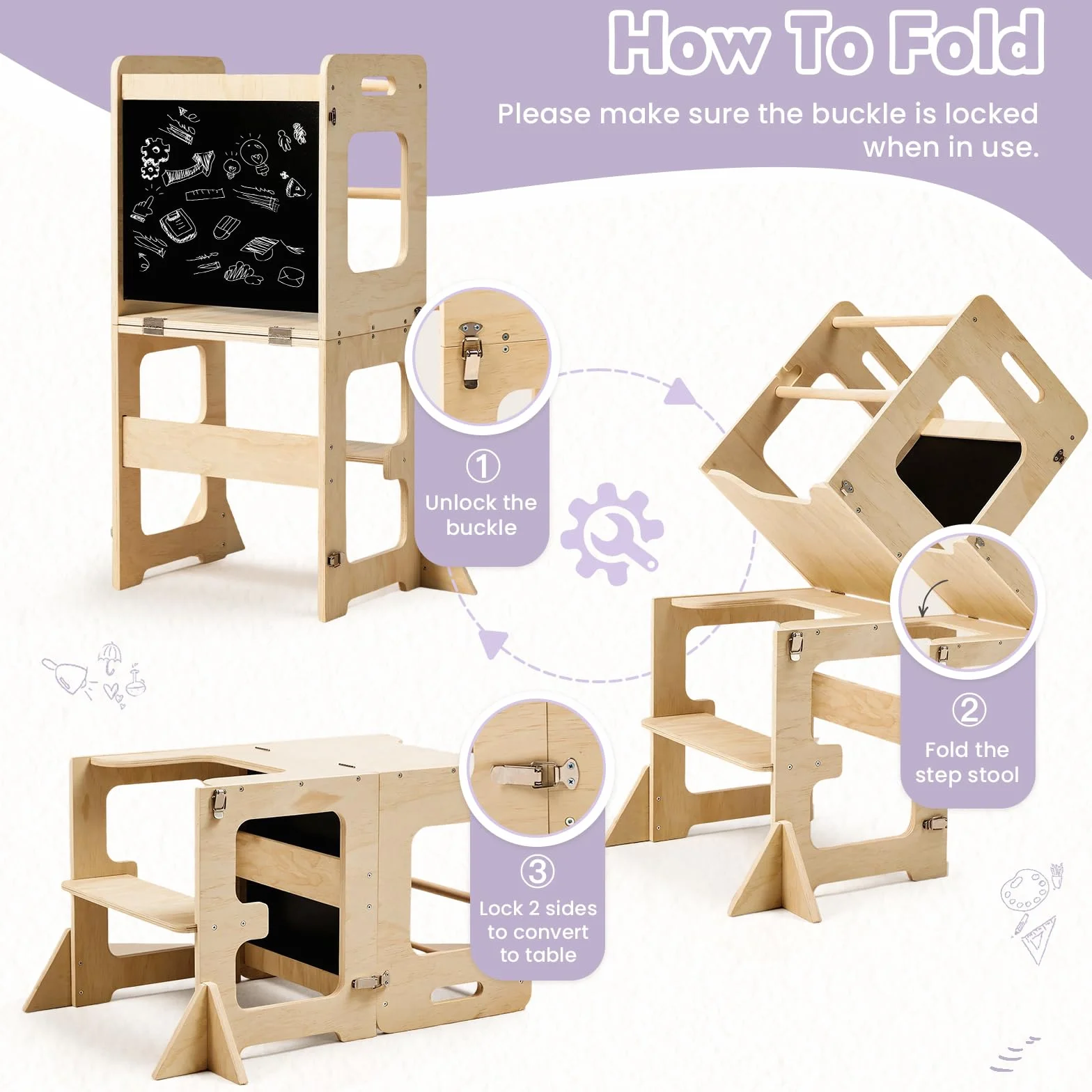 Labebe Lernturm für Kinder, Faltbarer Montessori Learning Tower, 3 in 1 Montessori Küchenhelfer Lernturm ab 18 Monate (Holz)