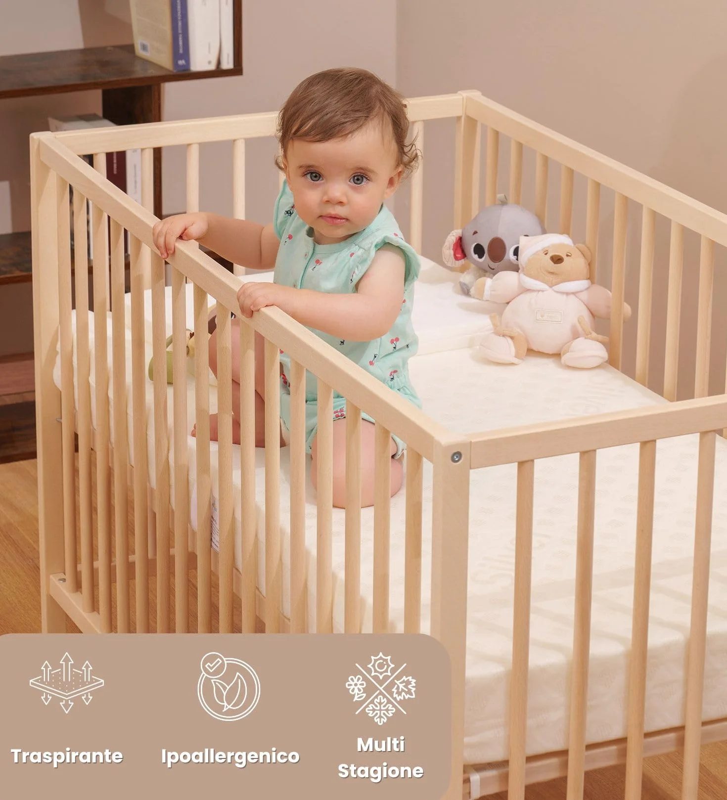 Materassimemory.eu - Matratze für Wiege Babybett Modell Bimbo Plus Erstickungsschutz Maßnahme 60x125 cm hoch 11 cm mit abnehmbarem Bezug und maschinenwaschbar mit kostenlosem Erstickungsschutzkissen.