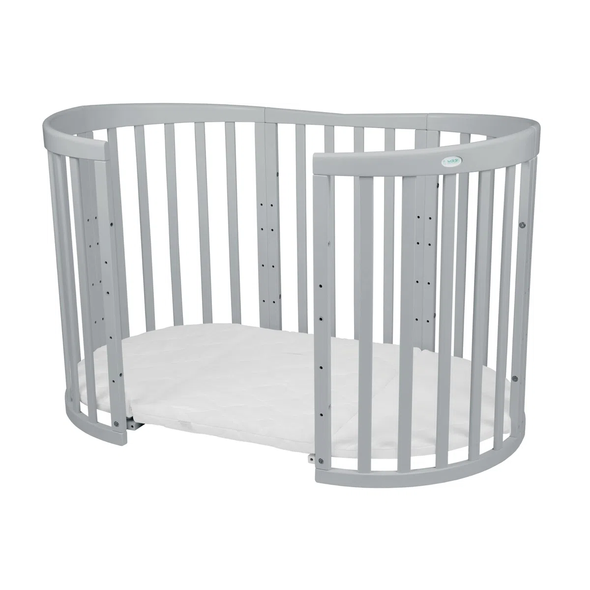 waldin Babybett Oval 7in1, Matratze, Rollen, Regal, Grau | Ohne Stoffset, Mitwachsend, Beistellbett aus Holz, Wiege optional