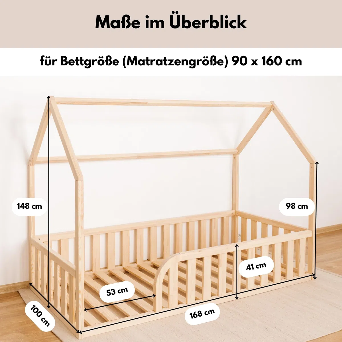 Bodenbett 90x160 für Kleinkinder, Montessori Hausbett aus FSC-Kiefernholz Weiß, Kinderbett mit Lattenrost und 41 cm Rausfallschutz, Einstieg Links
