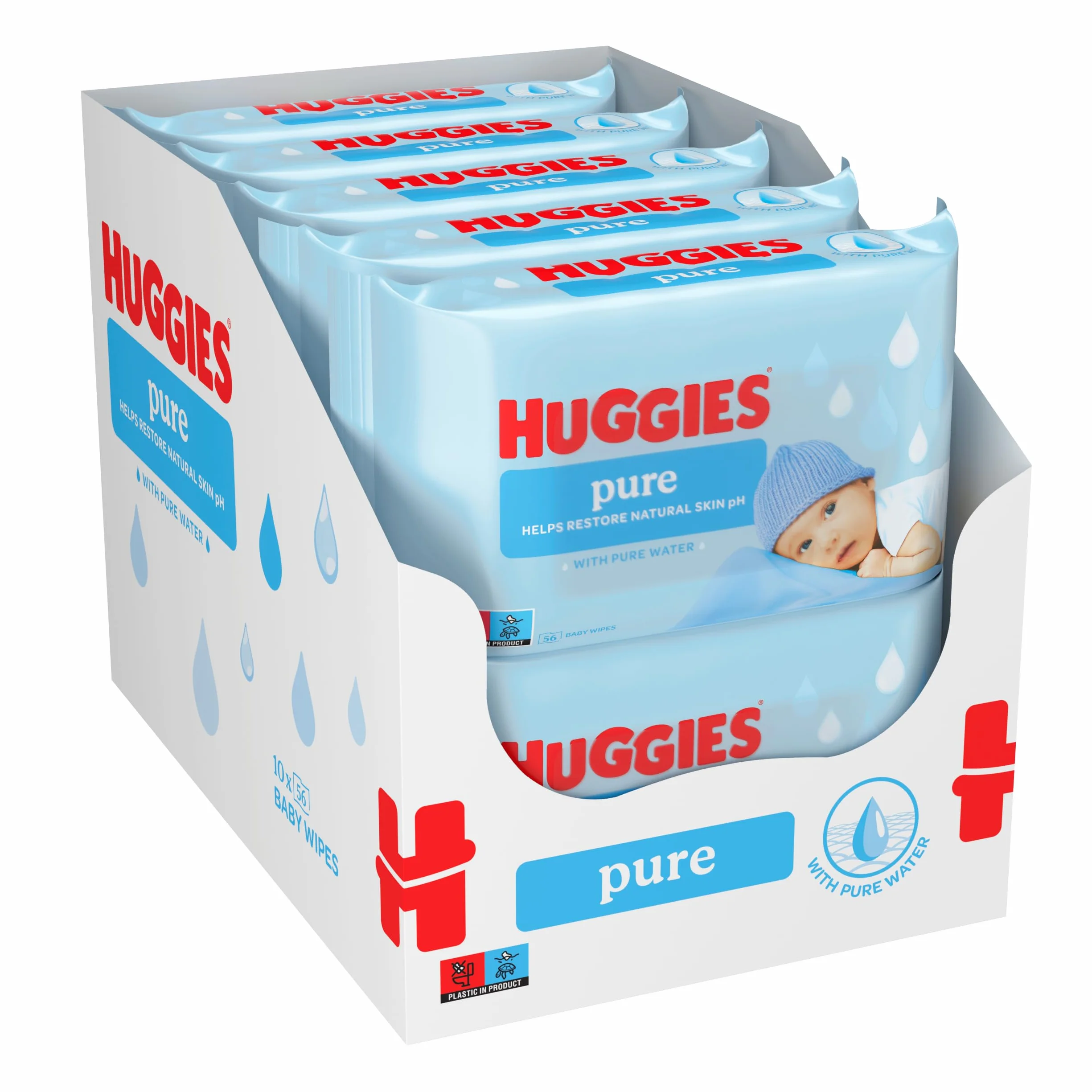 Huggies Pure, Babytücher, 18 Packungen (insgesamt 1008 Tücher) — 99 Prozent reines Wasser — parfümfrei für sanfte Reinigung und Schutz — natürliche Feuchttücher