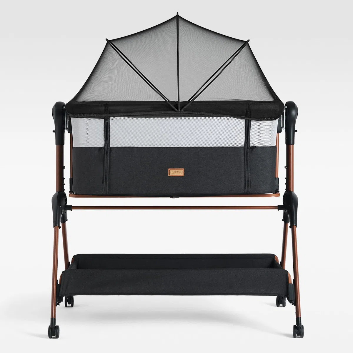 LullaBee Beistellbett & Baby Co-Sleeper – 6 Höhenstufen, Schaukel­funktion, Rollen, gesteppte Matratze, Mesh-Seiten mit Moskitonetz, faltbares Bett mit Tragetasche (0–6 Monate) – Schwarz/Braun