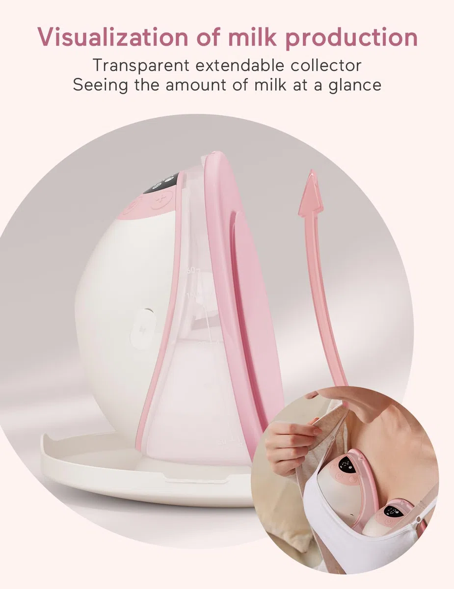 Paruu P20 Milchpumpe Elektrisch Freihändig, Tragbar Elektrische Milchpumpe, 4 Modi 12 Stufen mit 19/21/24 mm Doppelt Abgedichteter Flansch, Low Noise, Visualisierung der Milchmenge (1, Rosa)