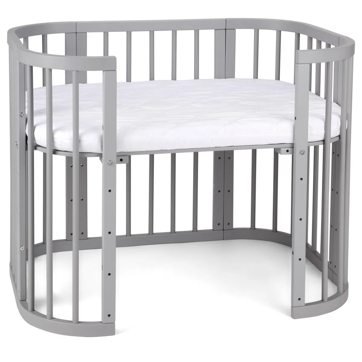 waldin Babybett 5in1, Beistellbett aus Holz, Matratze, Belüftet, Grau | Belüftet, Boden 5-fach verstellbar, Mitwachsend, Wiegefunktion optional