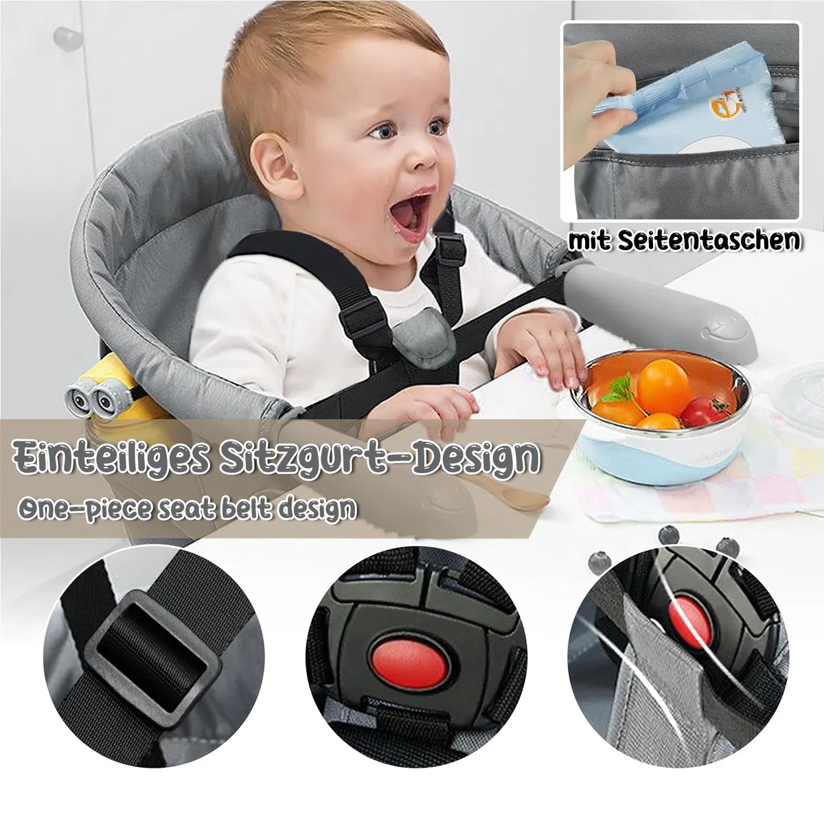 ACXIN Tischsitz Babysitz, Hochstuhl inkl. Transporttasche, Hochwertiger Kinderhochstuhl, Mobiler Hochstuhl für Restaurants, Reise & Co, Belastbar bis 15 kg (Grau)