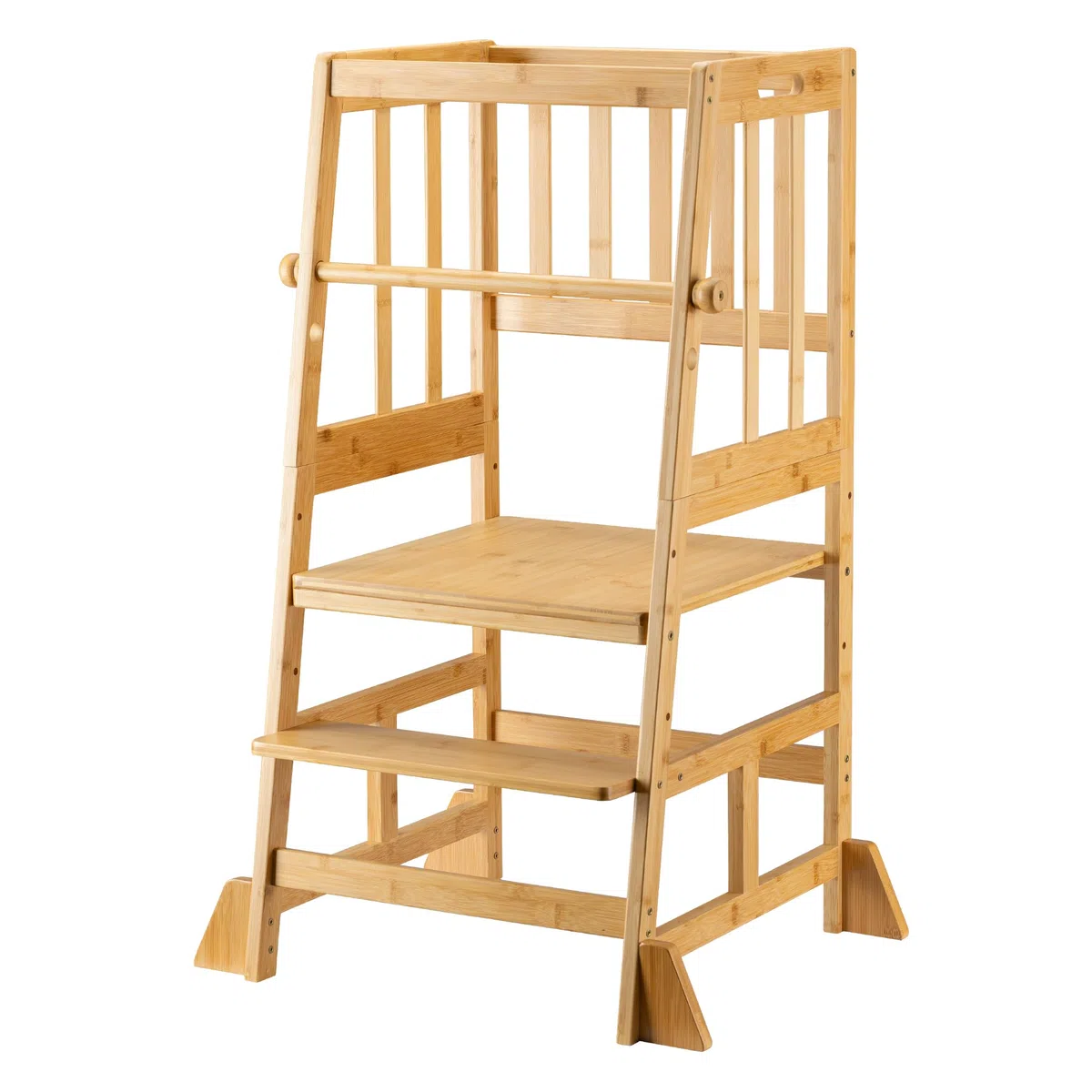 Wiltec Kinderstuhl Lernturm 57 x 46 x 90 cm aus Bambus, Lernstuhl für Kinder mit Geländer, Stehturm mit Schutzstab