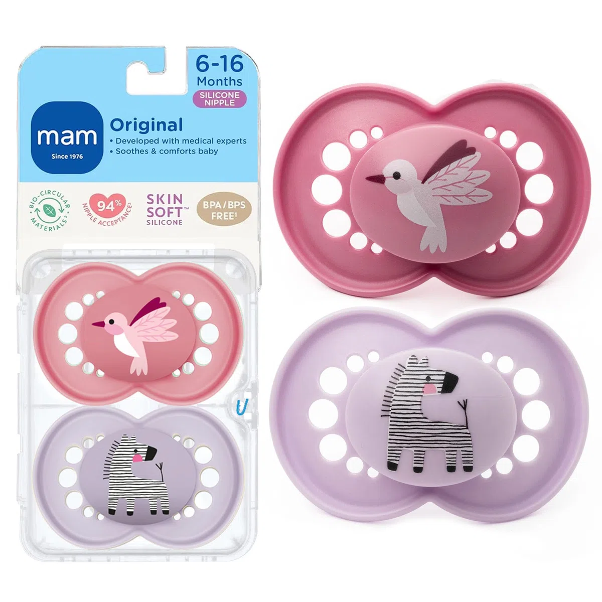 MAM Original Matte Baby Pacifier, Nipple Shape Helps Promote Healthy Oral Development, Sterilizer Case, 6-16 Months (Pack of 2)