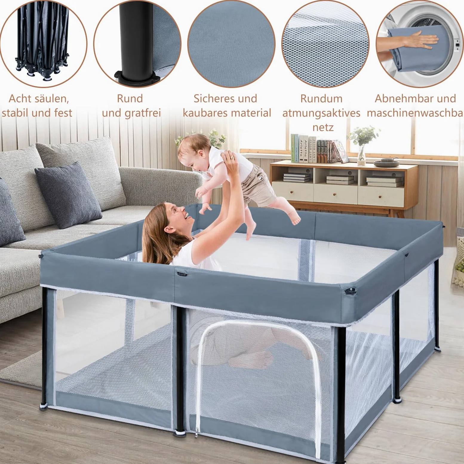 OUUTMEE Laufstall Baby Laufgitter 127 x 127 cm Faltbarer Baby-Spielzaun, 150D Oxford Indoor- und Outdoor-Spielzaun mit Aufbewahrungstasche, Playpen (Dunkelgrau)