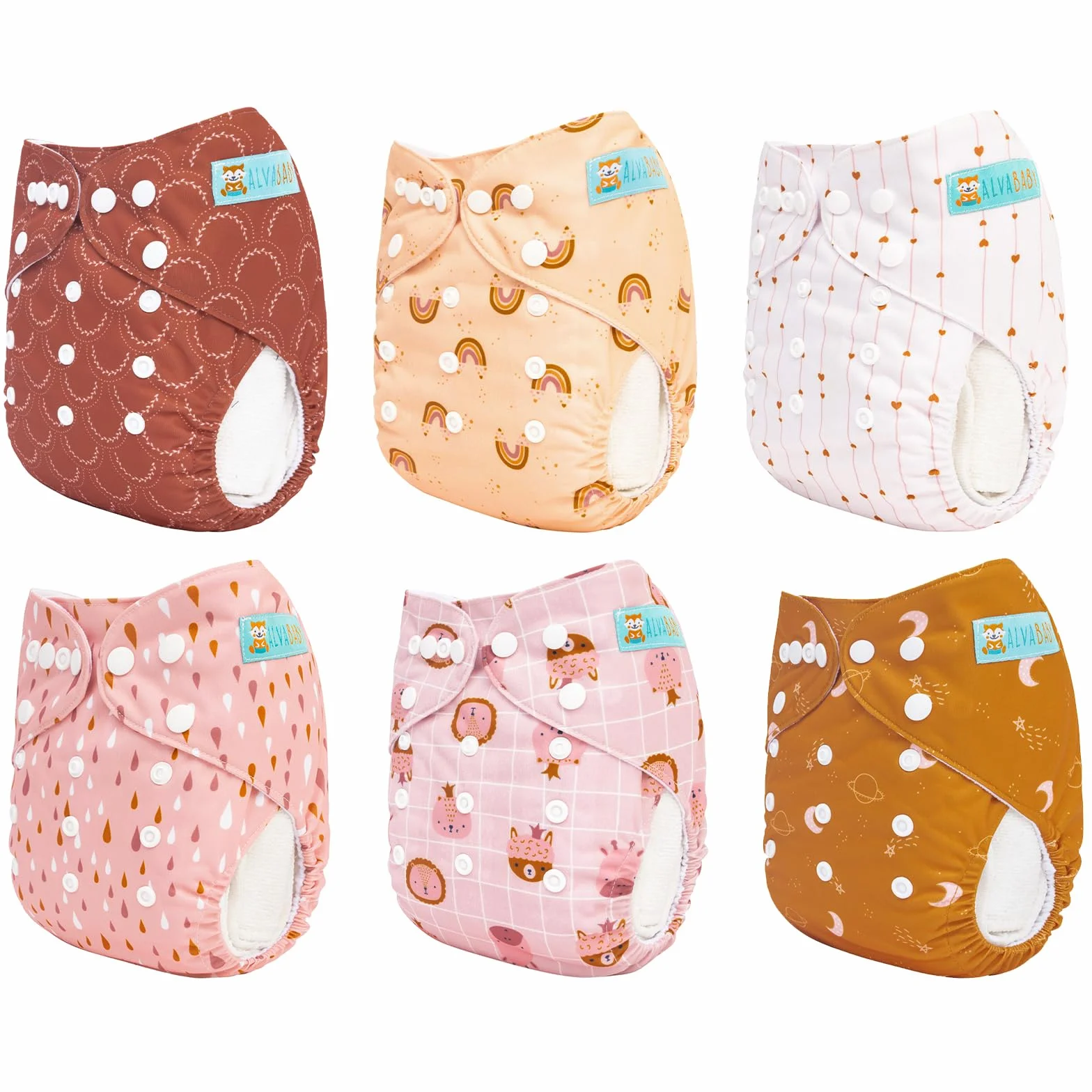 ALVABABY-Stoffwindeln Baby, Stoffwindeln Wiederverwendbar, Waschbar, 6 Windeln + 12 Stoffwindel Einlagen 6DM104-DE