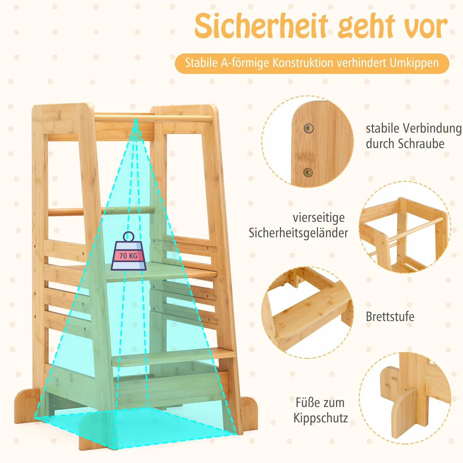 COSTWAY Lernturm Kinder aus Bambus, Tritthocker Montessori mit 4 verstellbaren Höhen & Sicherheitsgeländer, Trittleiter bis 70 kg Belastbar, Trittschemel für Kinder ab 1 Jahren, Natur